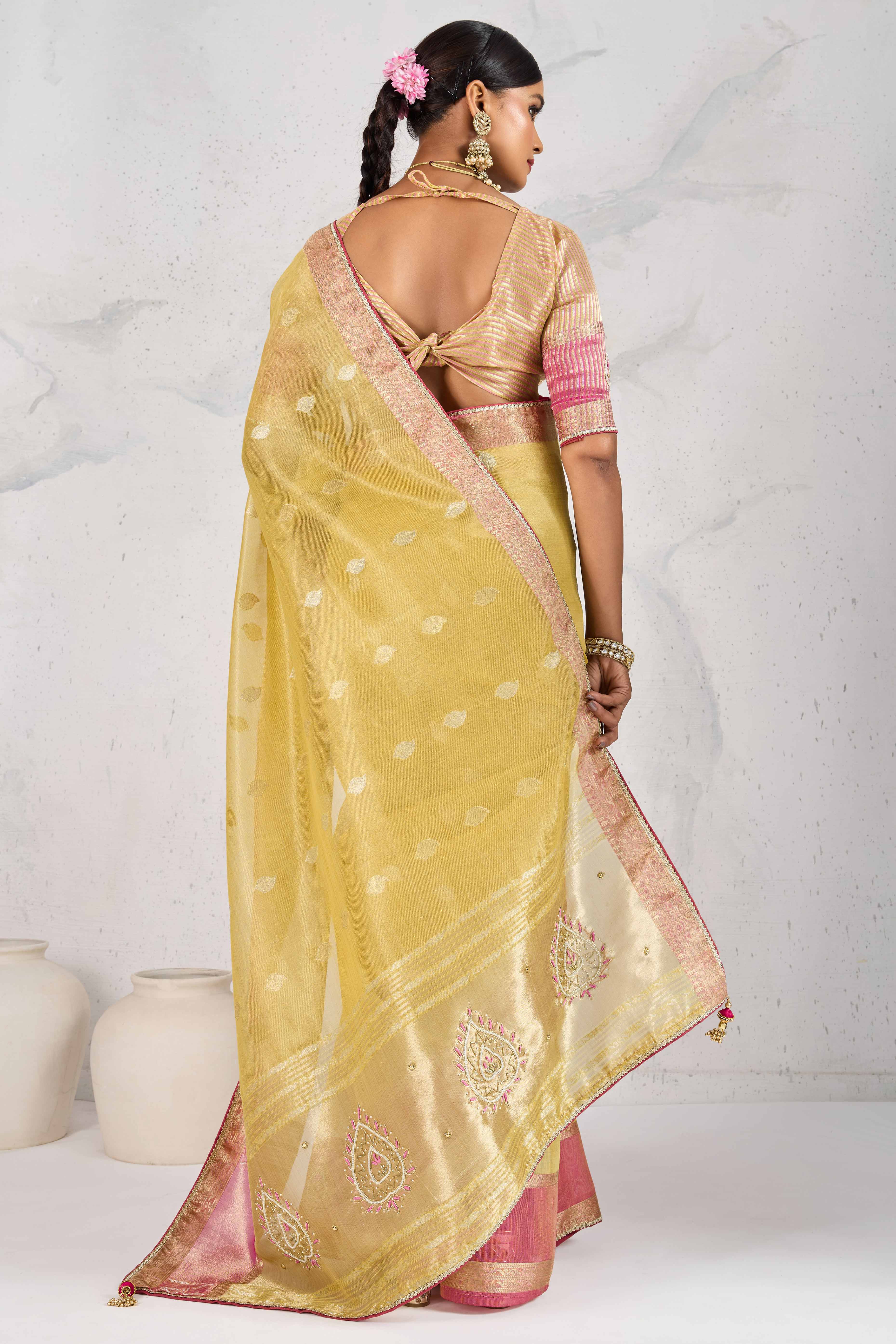 Yellow Designer Tissue Linen Woven Saree with Luxe Zari and Beads Work