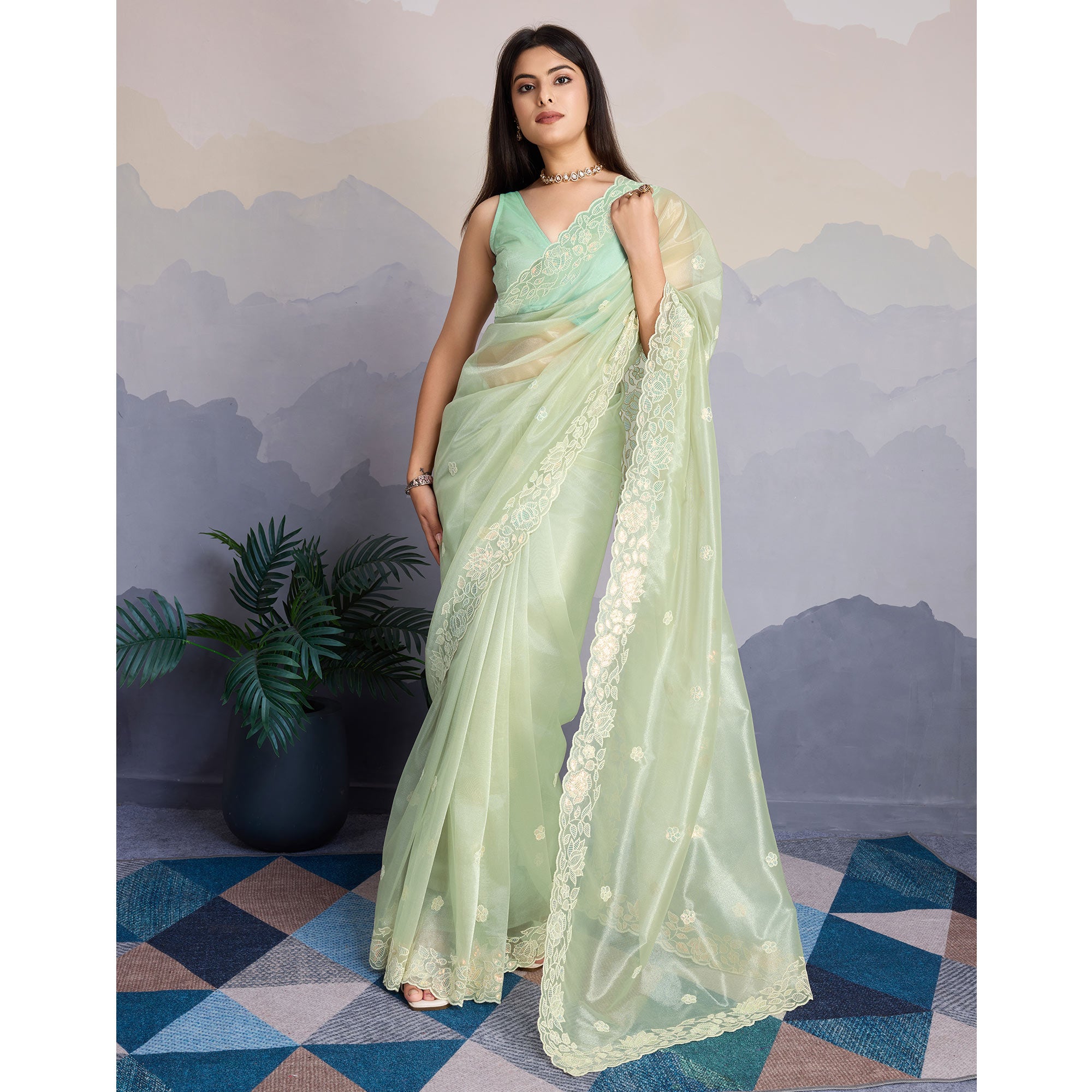 Pista Green Floral Sequins Embroidered Twill Net Saree