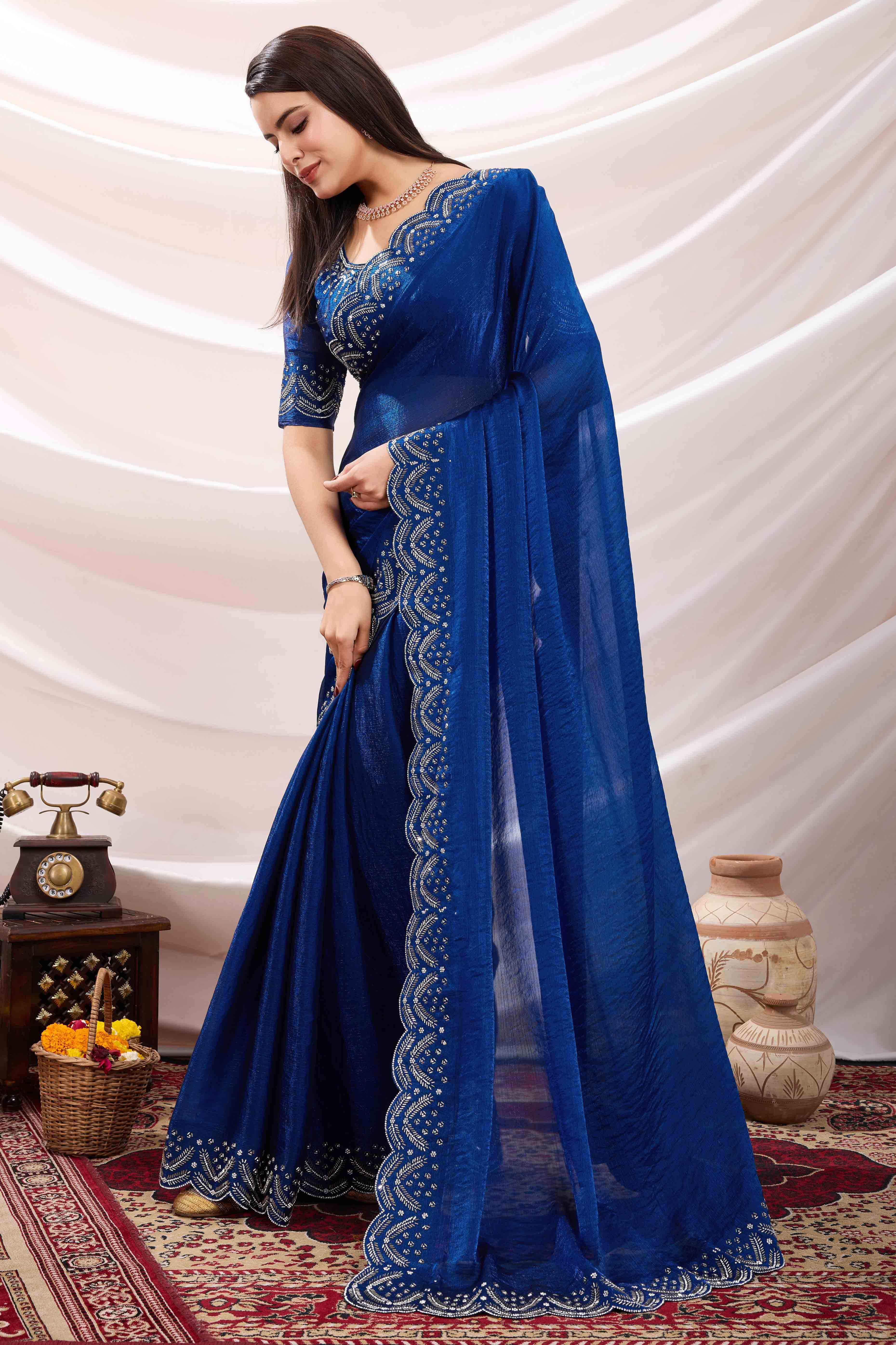 Blue Stone Work Embroidered Velvet Chiffon Saree