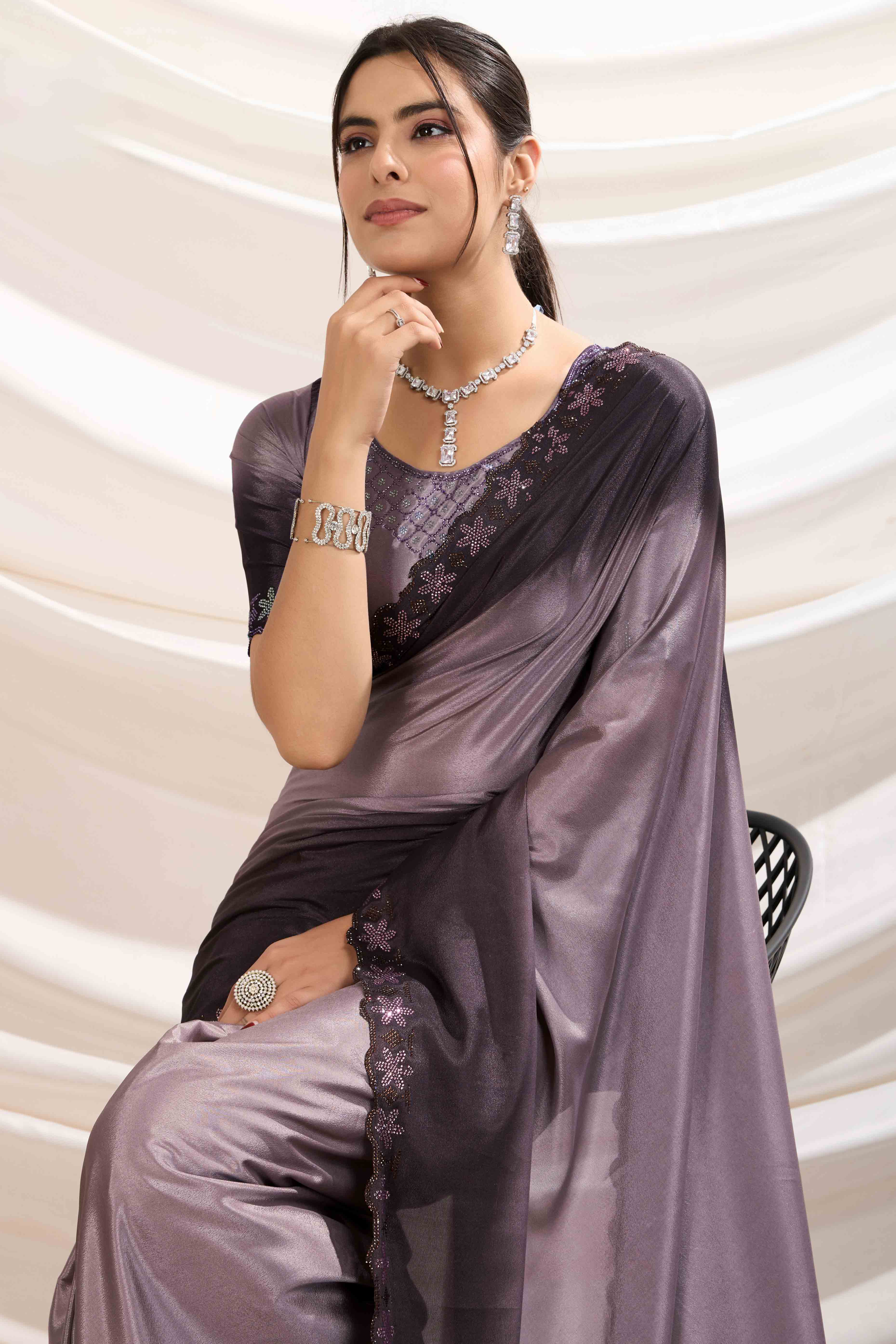 Wine Two Tone Ombre Crepe Saree With Exquisite Floral Stonework