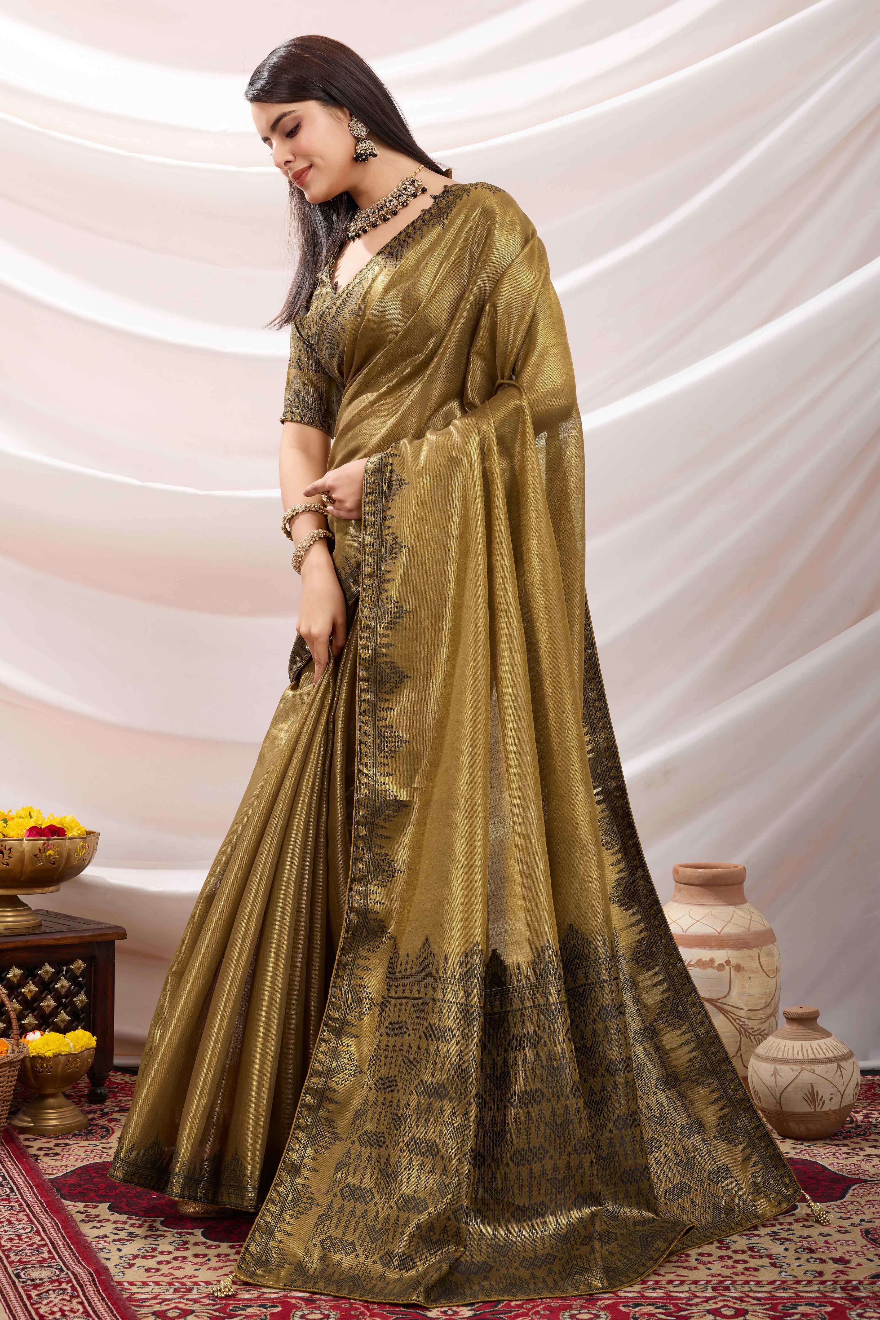 Mehendi Green Festive Linen Tissue Saree with Zari Borders