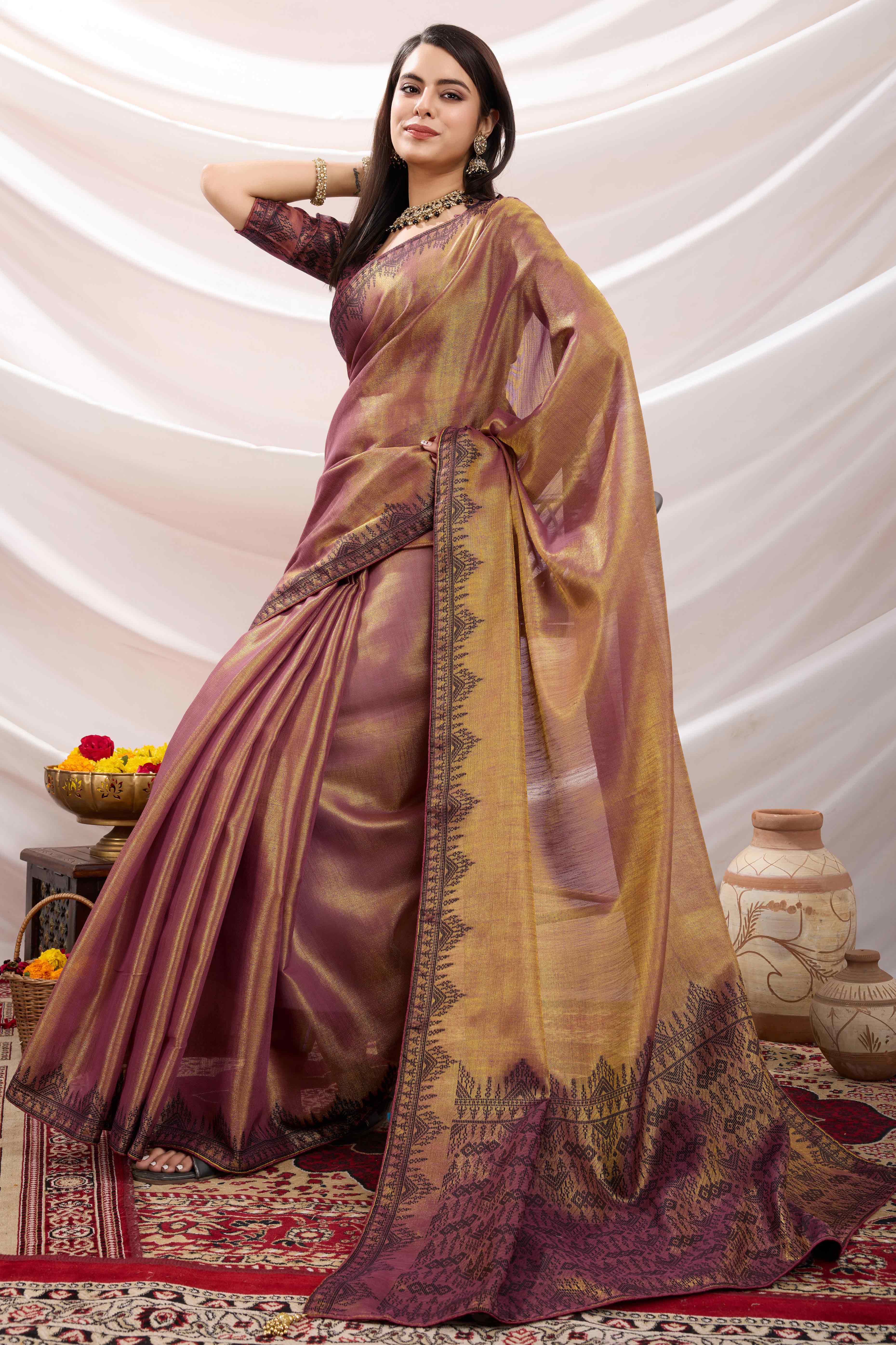 Brownish Maroon Festive Linen Tissue Saree with Zari Borders