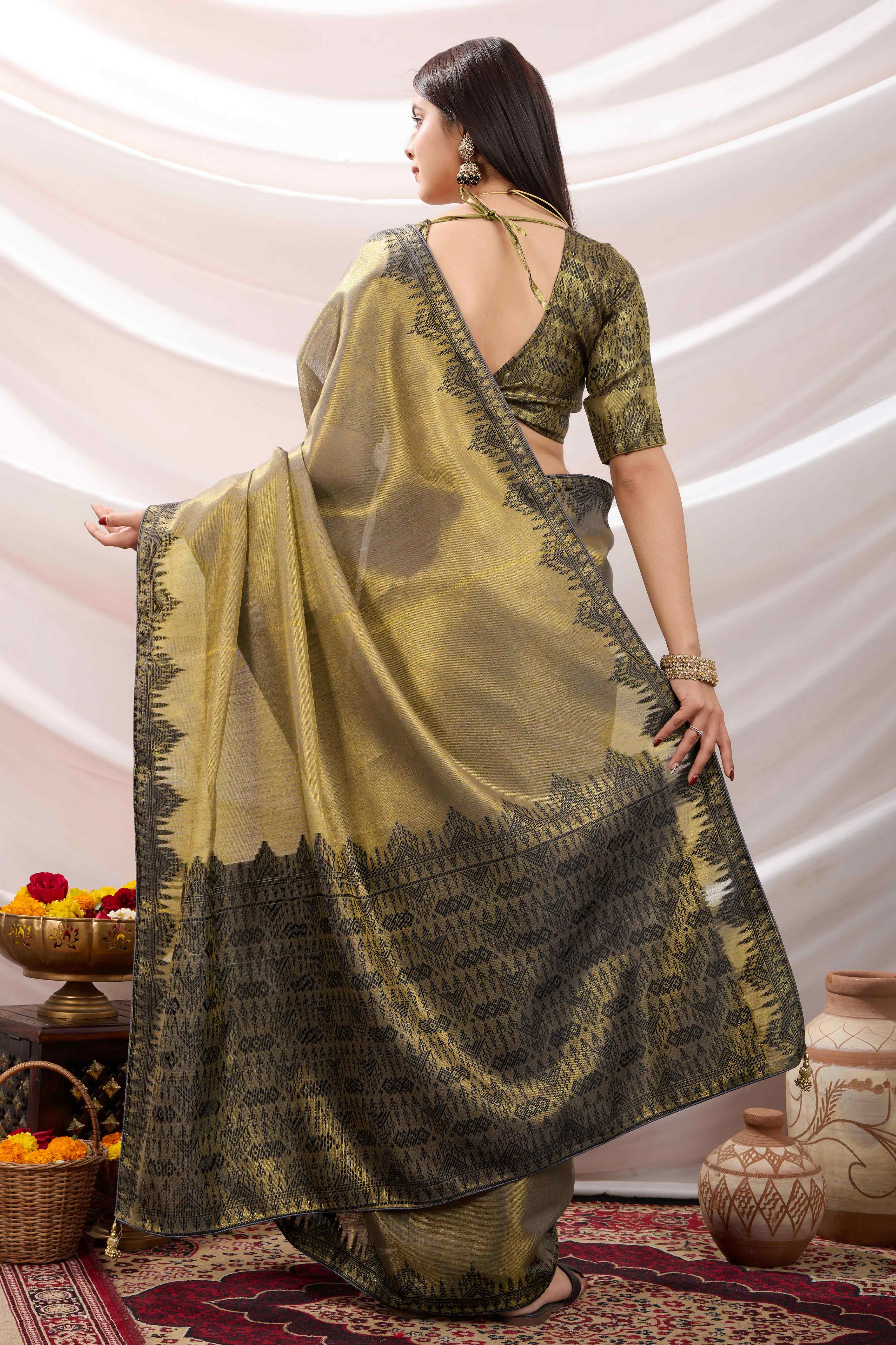 Dusty Green Festive Linen Tissue Saree with Zari Borders