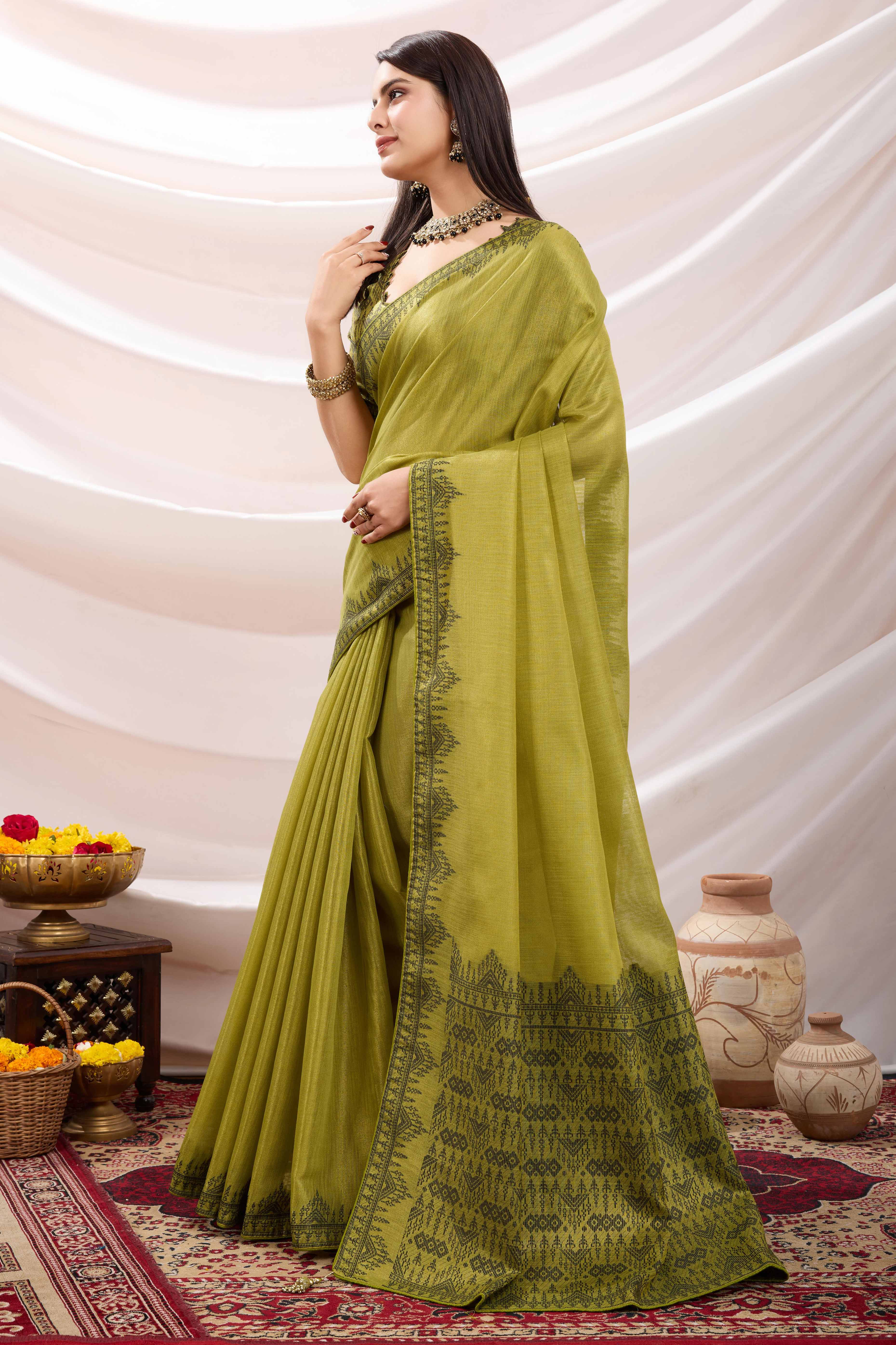 Green Festive Linen Tissue Saree with Zari Borders