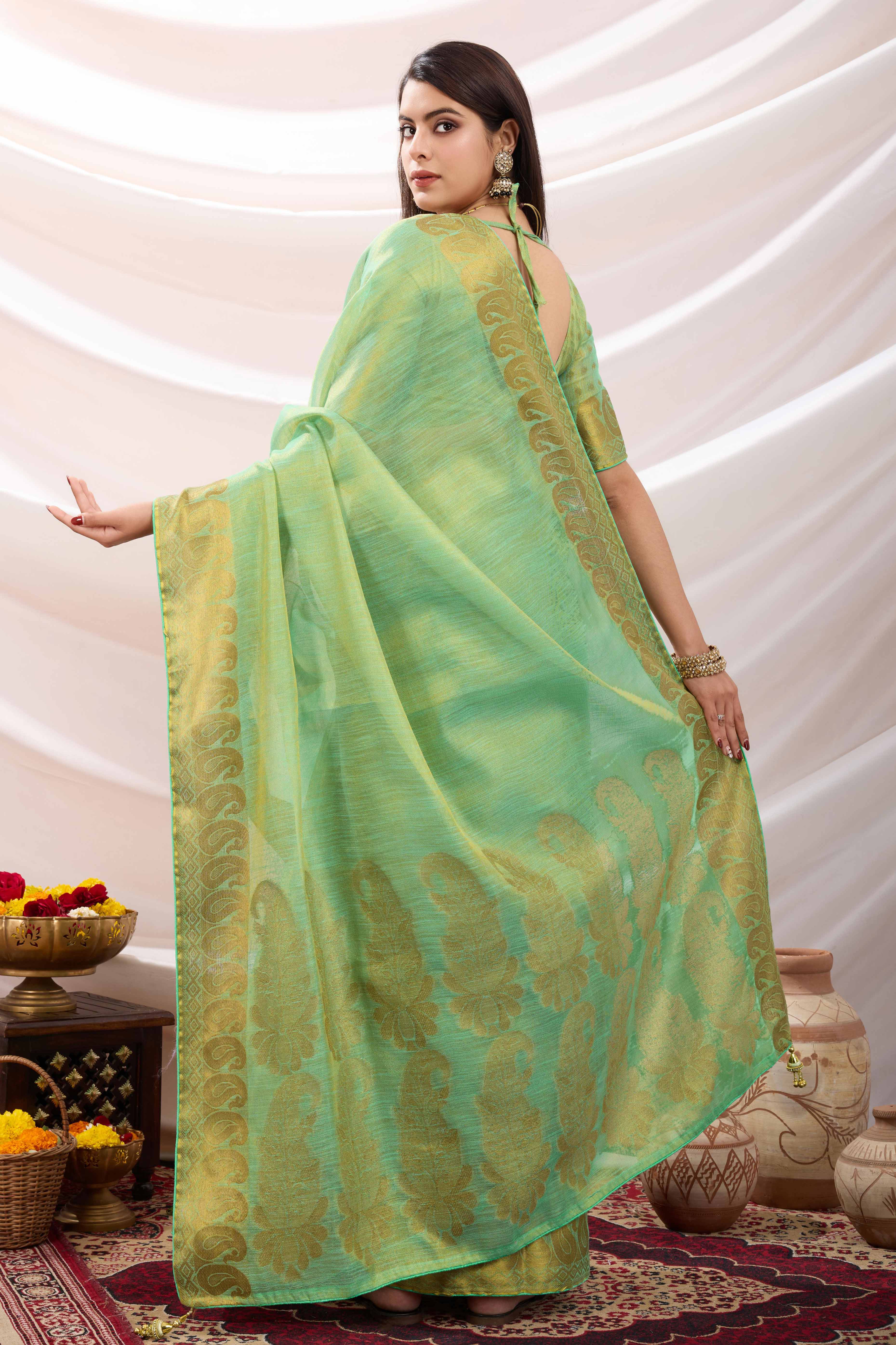 Sea Green Festive Linen Tissue Saree with Zari Borders