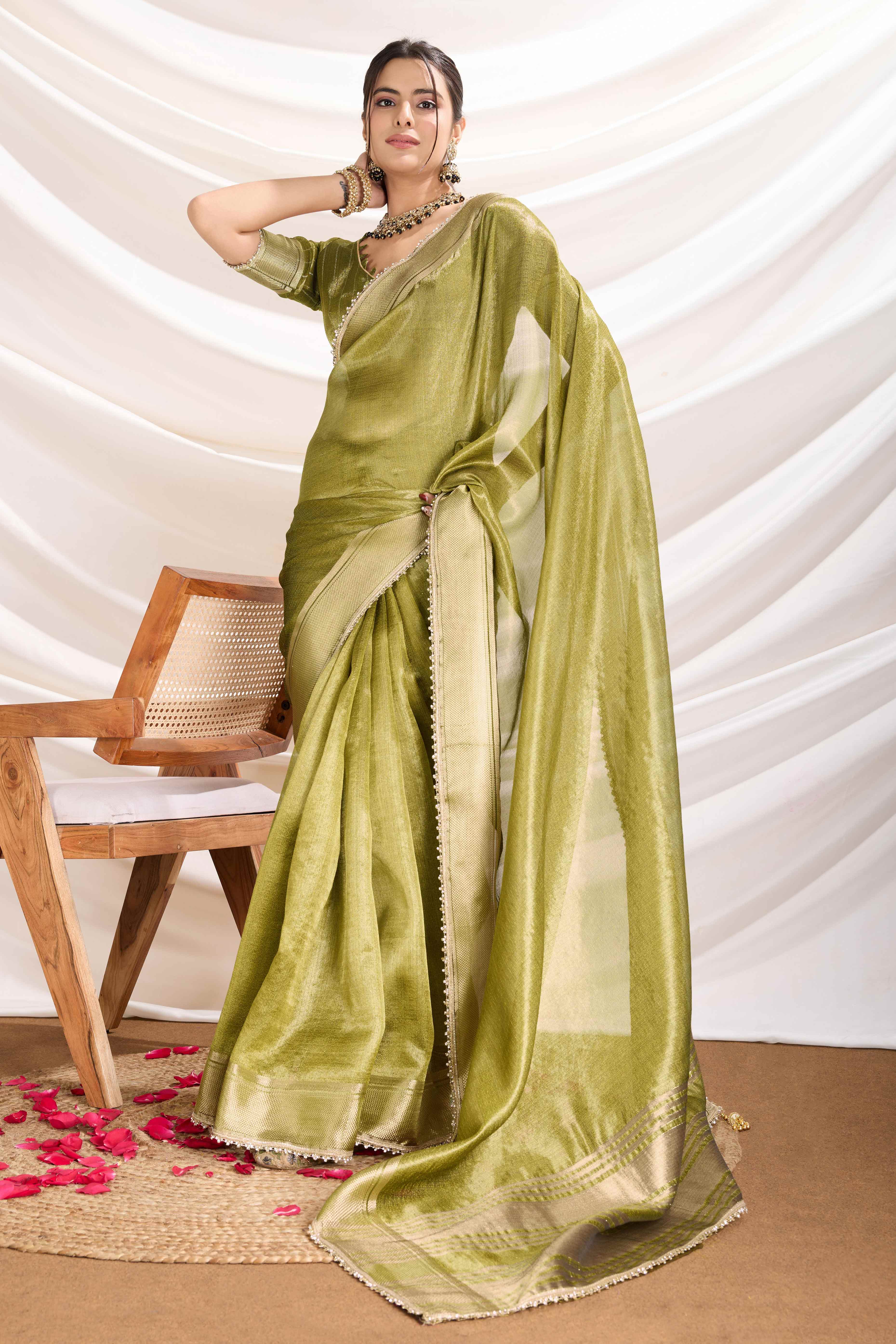 Green Solid Linen Tissue Saree With Weaving & Zarkan Lace Border