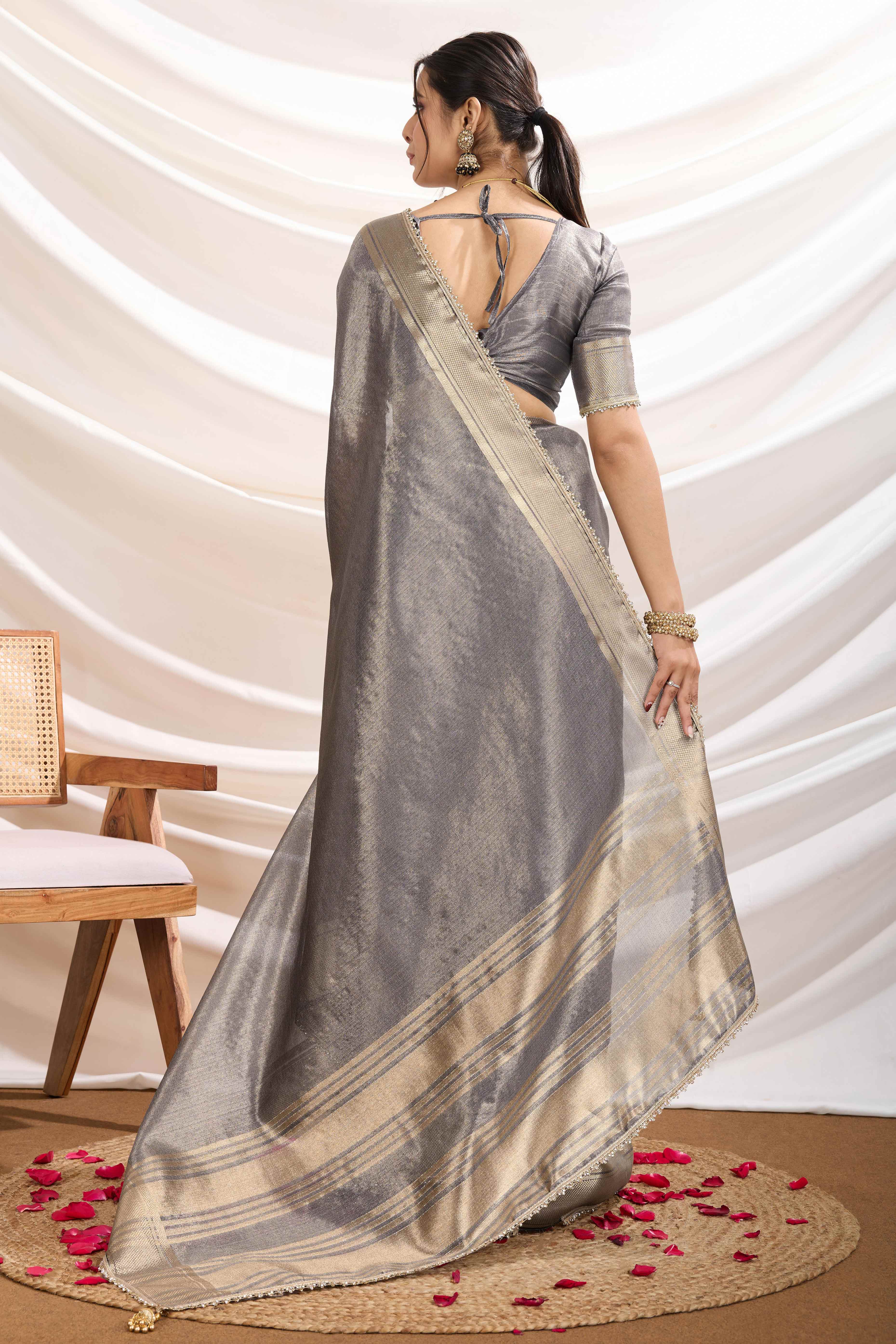 Grey Solid Linen Tissue Saree With Weaving & Zarkan Lace Border