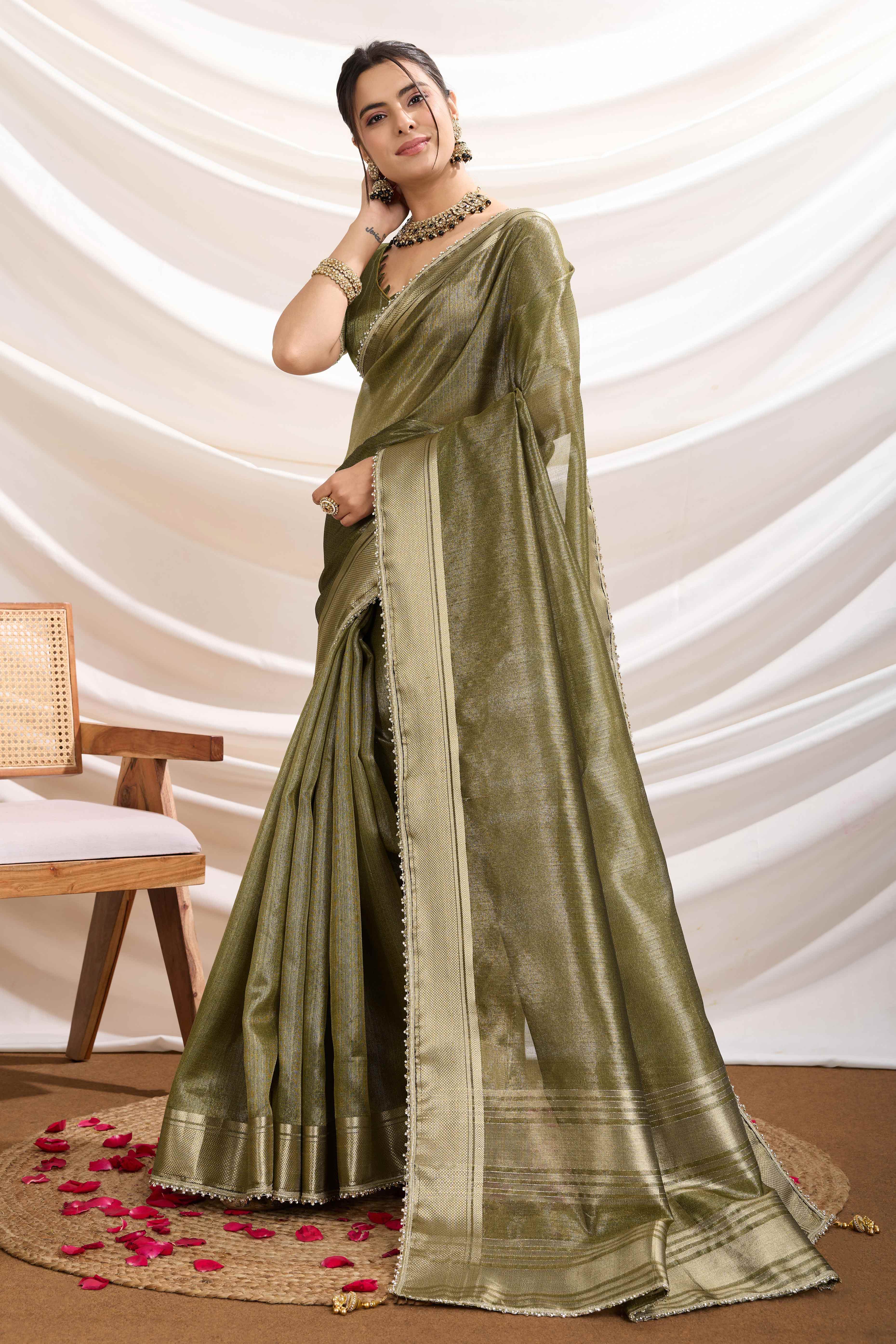 Mehendi Green Solid Linen Tissue Saree With Weaving & Zarkan Lace Border