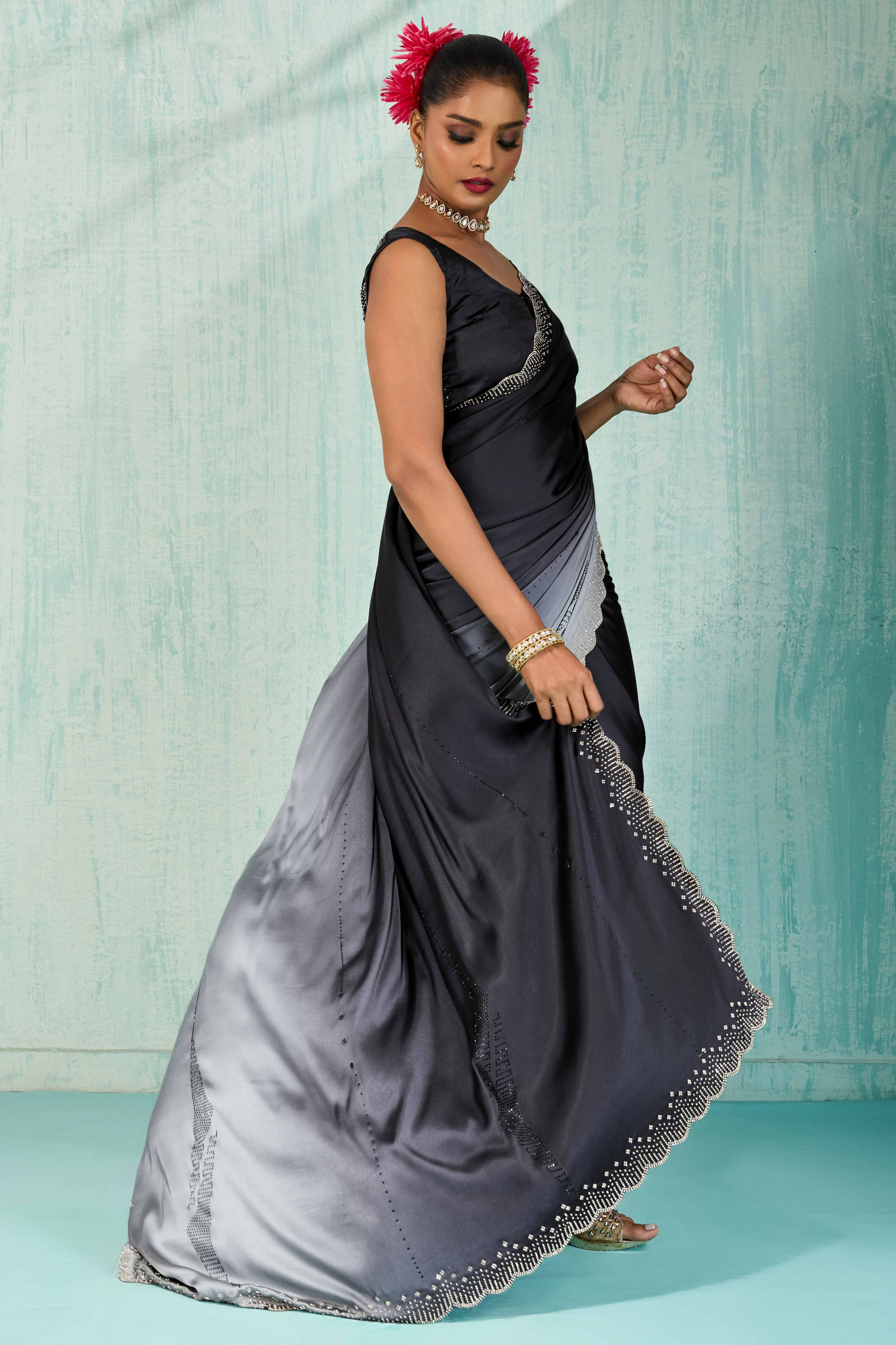 Black & Grey Satin Ombre Saree Adorned With Rhinestone Crystal Handwork & Elegant Scalloped Border