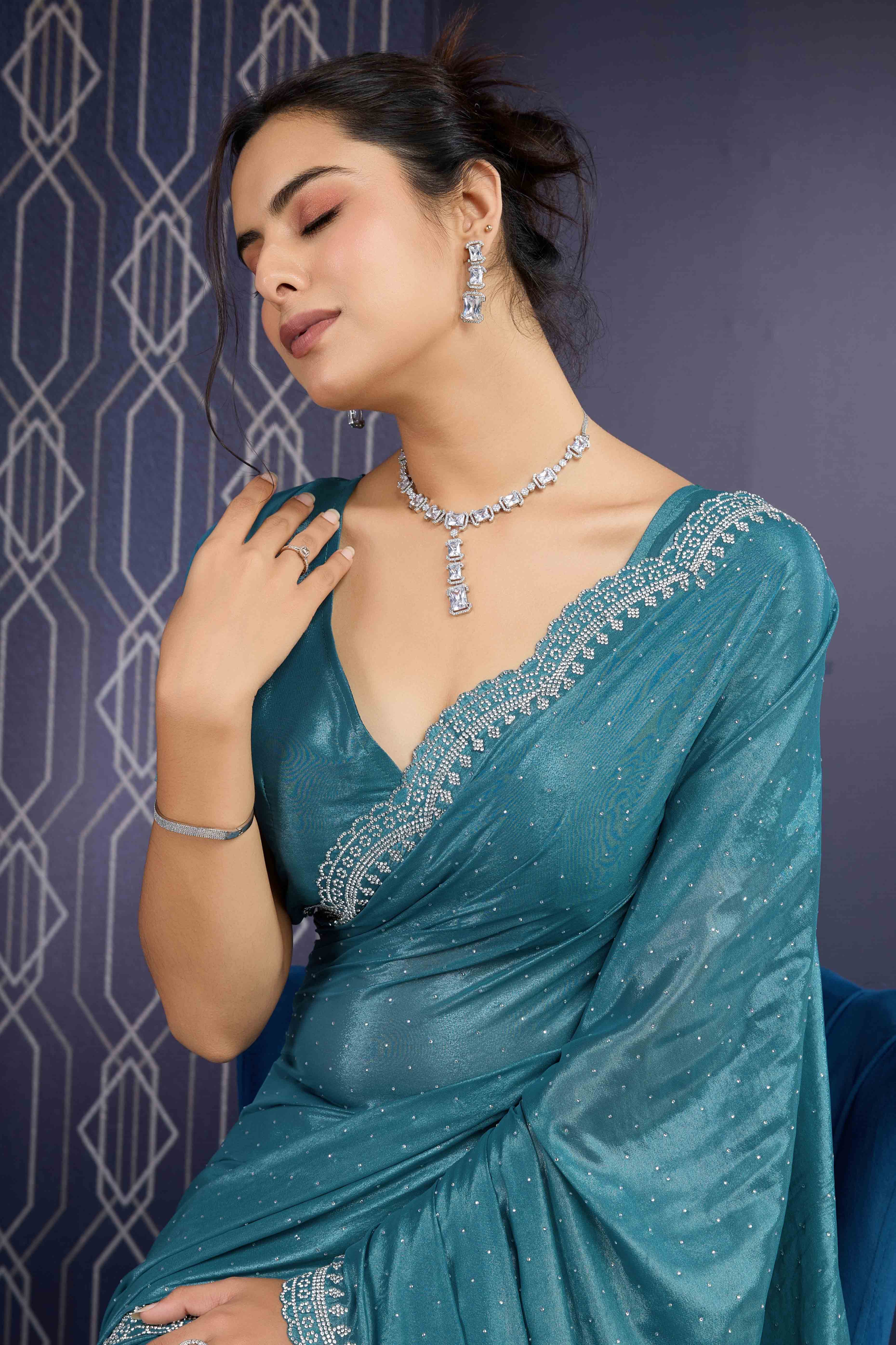 Teal Swarovski Work Embellished Georgette Saree