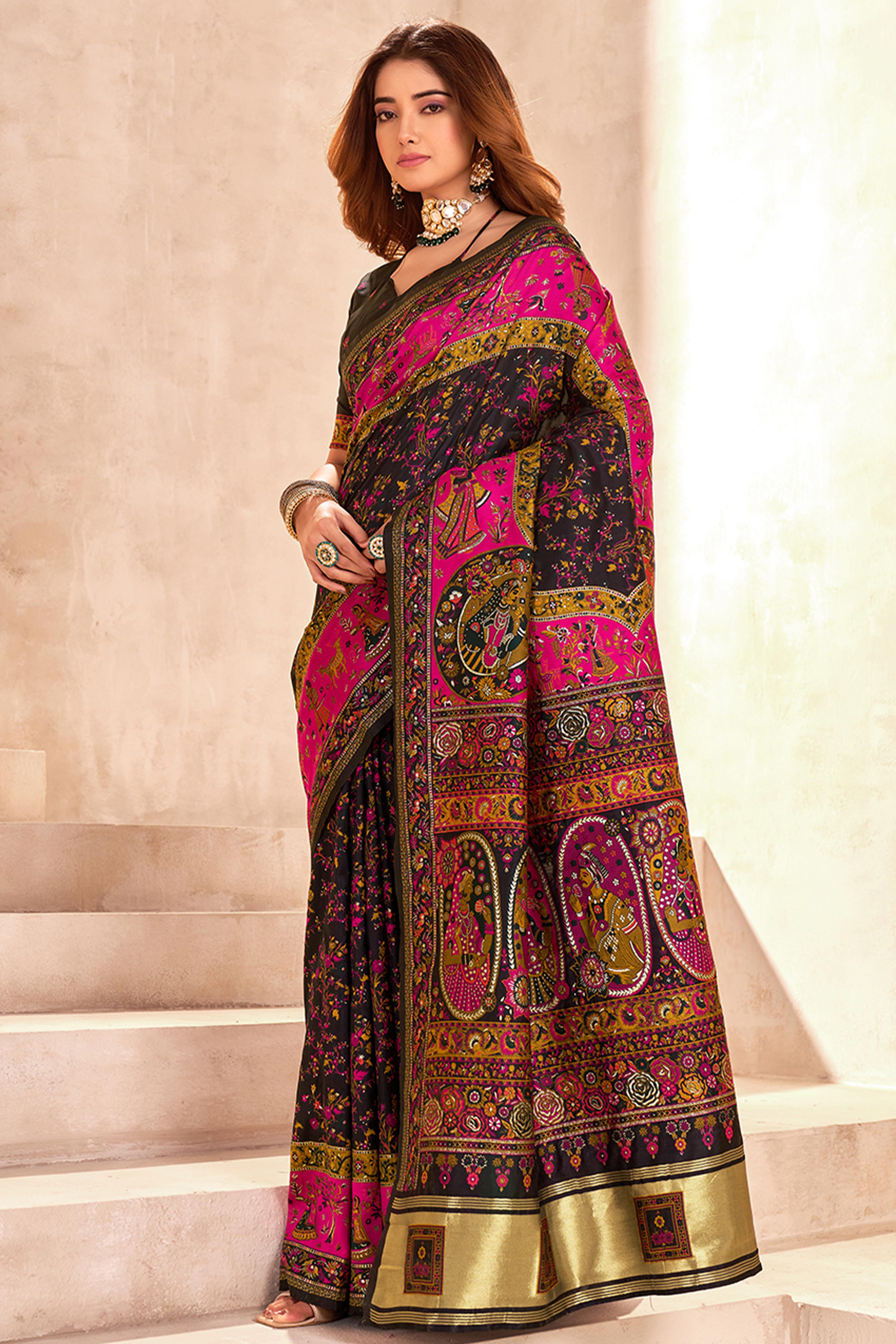 Traditional Black Rajwadi Weaving Pashmina Silk Saree With Kashmiri Pallu & Elegant Zari Border