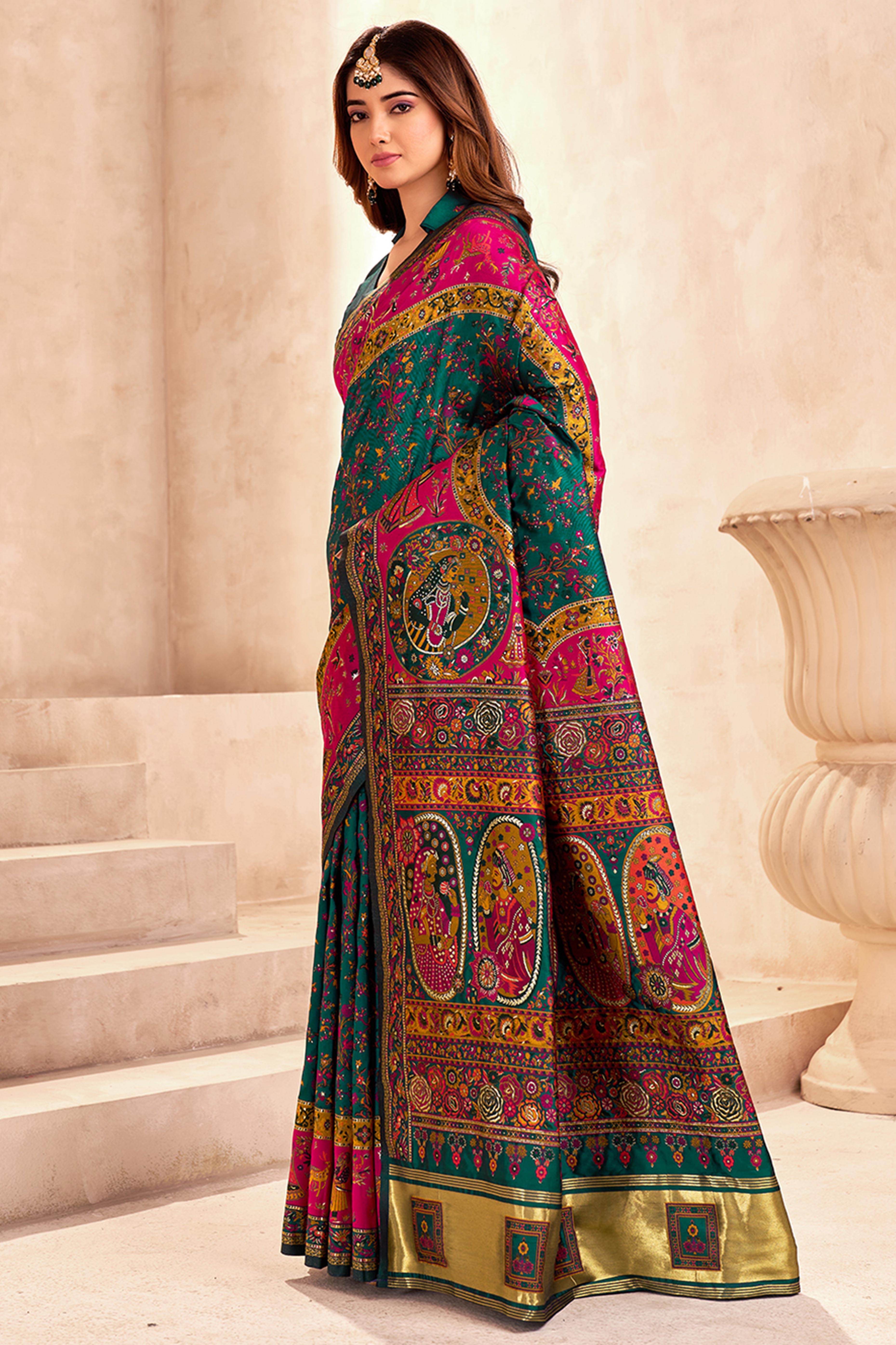 Traditional Green Rajwadi Weaving Pashmina Silk Saree With Kashmiri Pallu & Elegant Zari Border