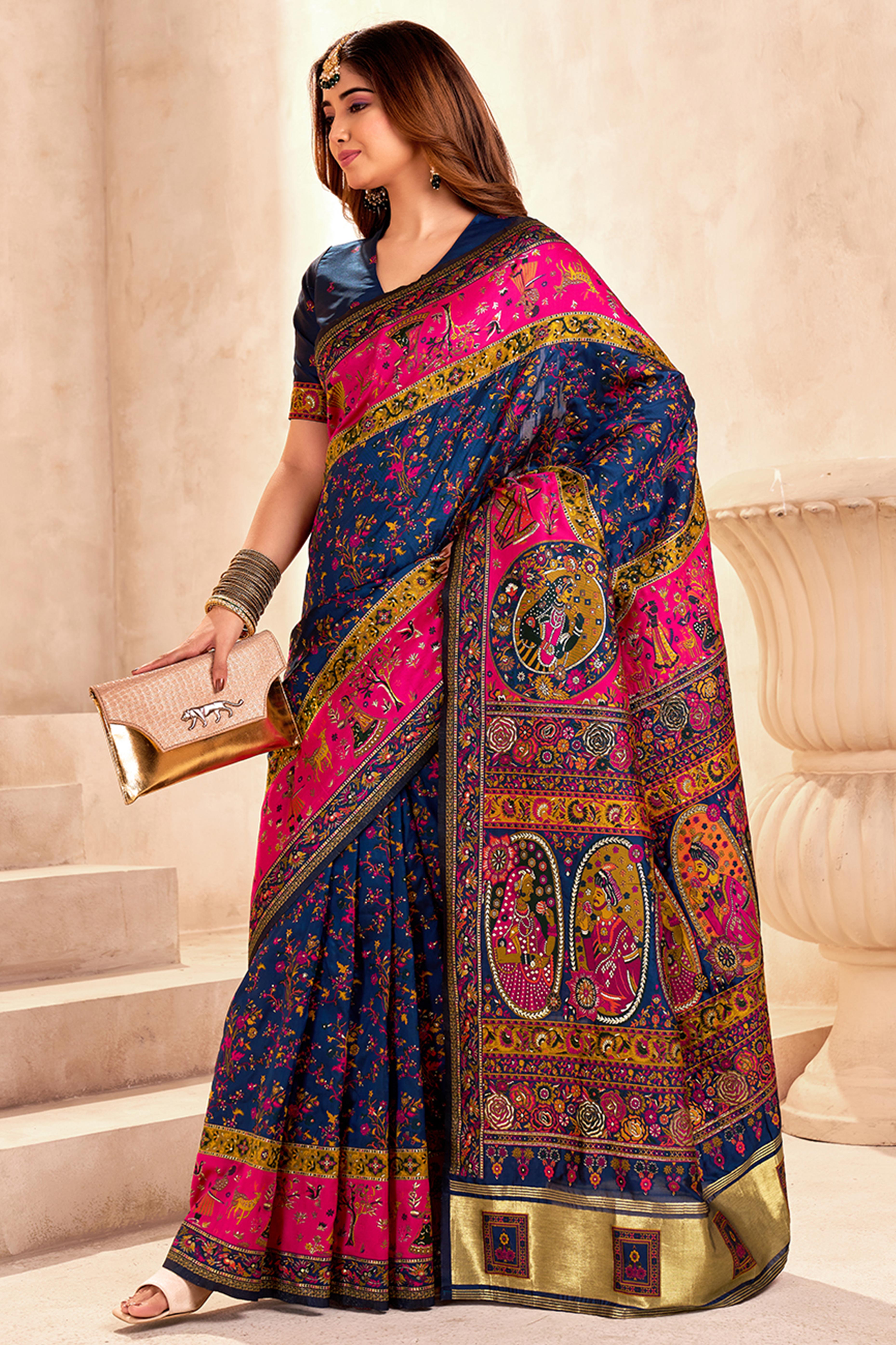 Traditional Navy Blue Rajwadi Weaving Pashmina Silk Saree With Kashmiri Pallu & Elegant Zari Border