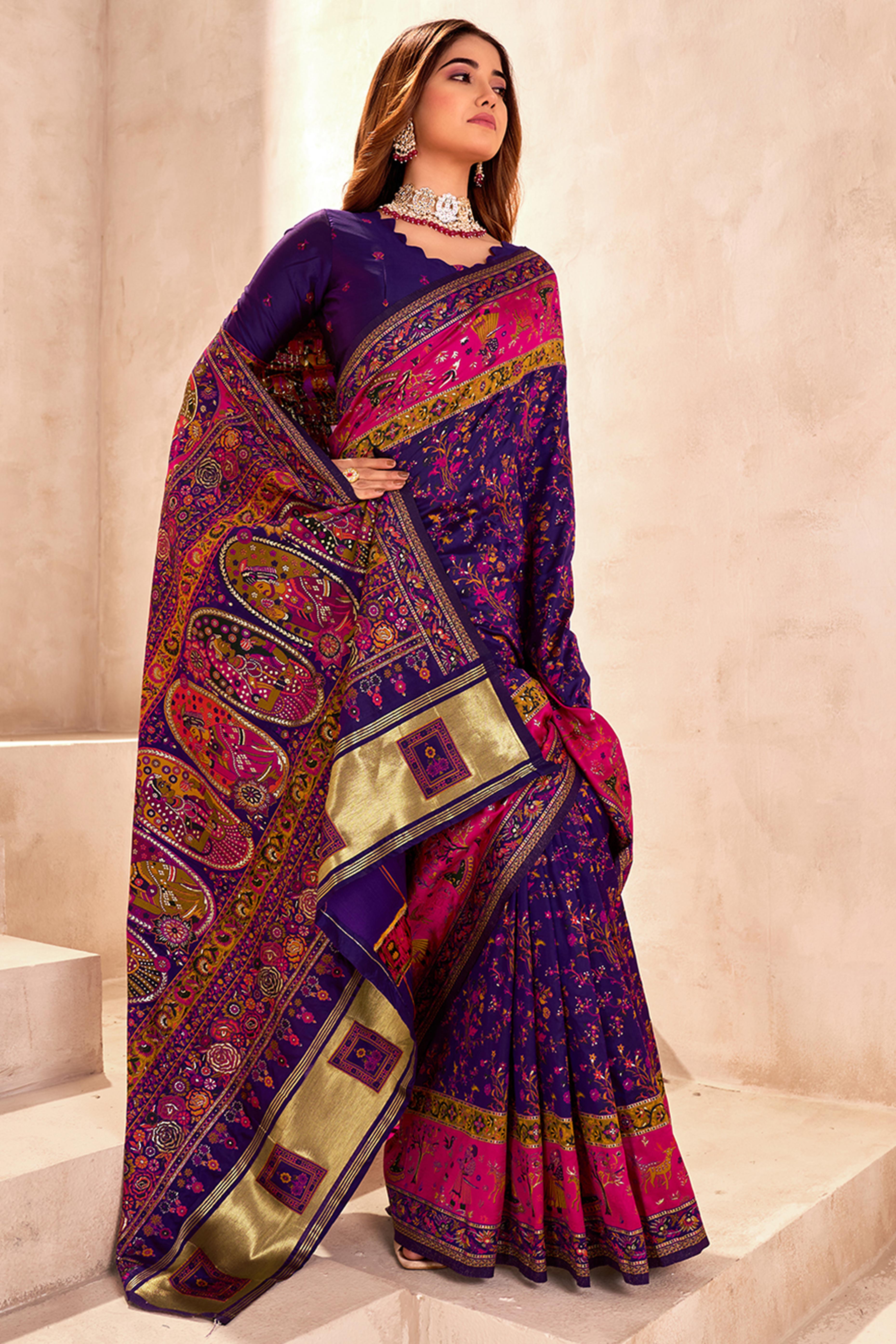 Traditional Purple Rajwadi Weaving Pashmina Silk Saree With Kashmiri Pallu & Elegant Zari Border