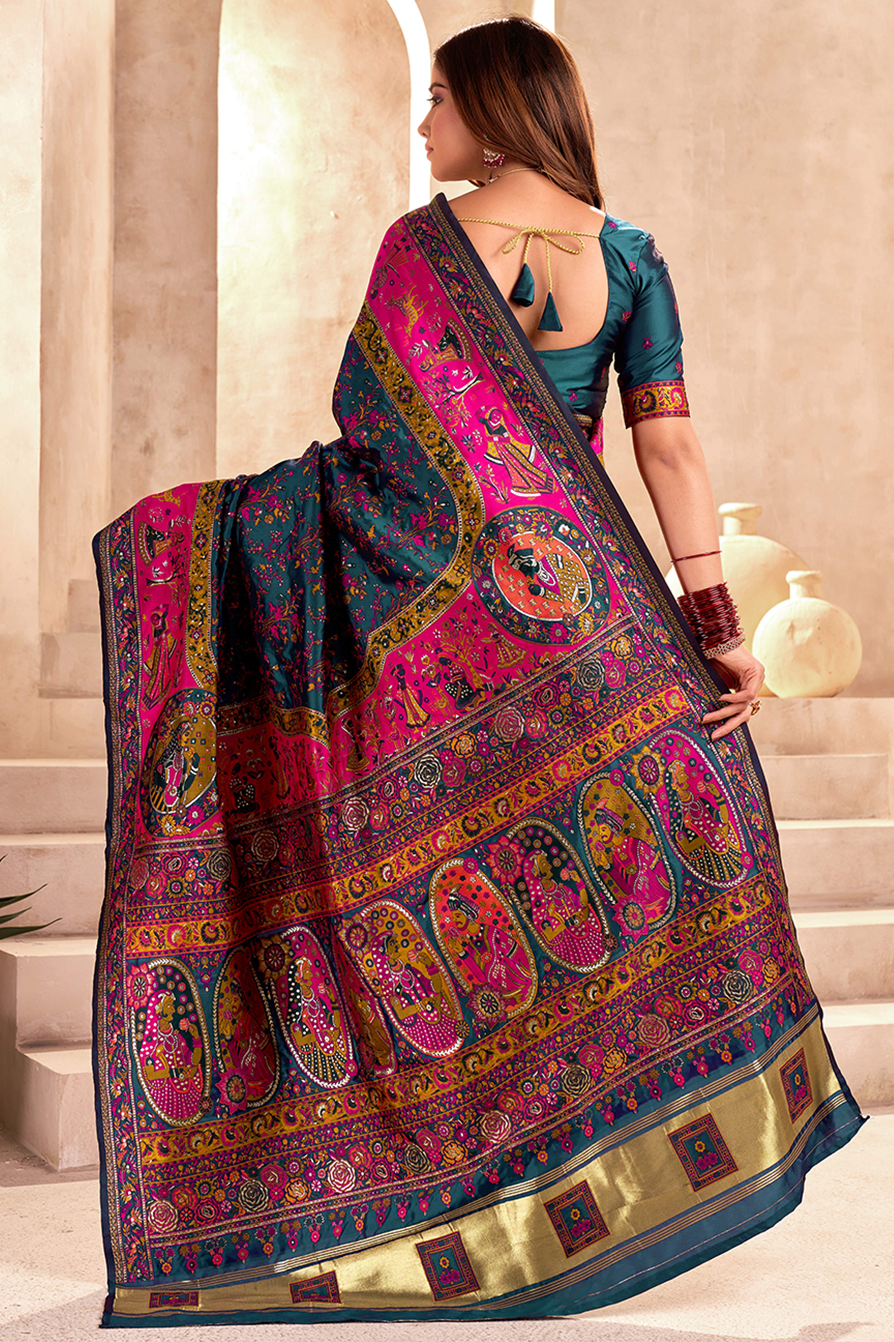 Traditional Teal Rajwadi Weaving Pashmina Silk Saree With Kashmiri Pallu & Elegant Zari Border