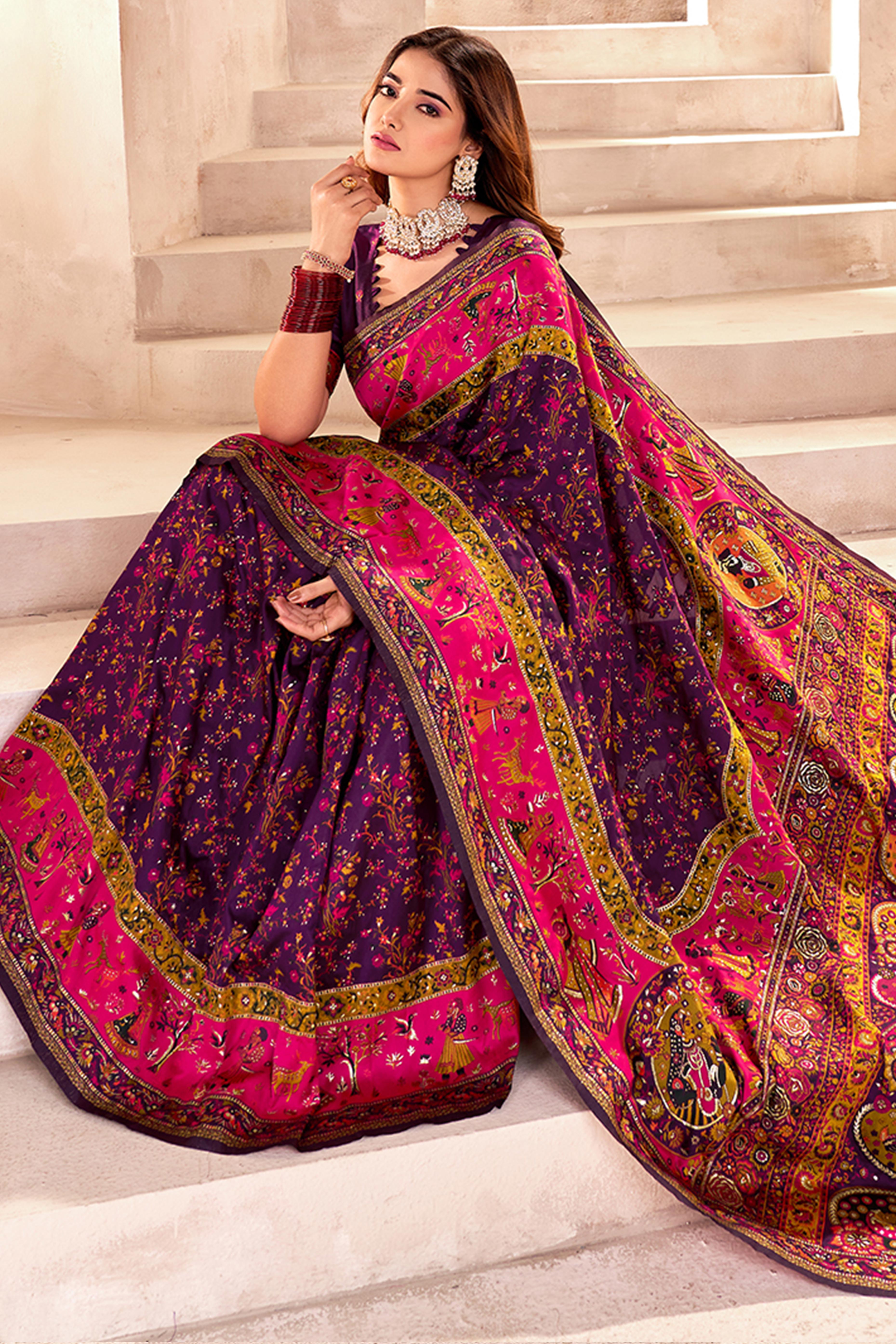 Traditional Wine Rajwadi Weaving Pashmina Silk Saree With Kashmiri Pallu & Elegant Zari Border