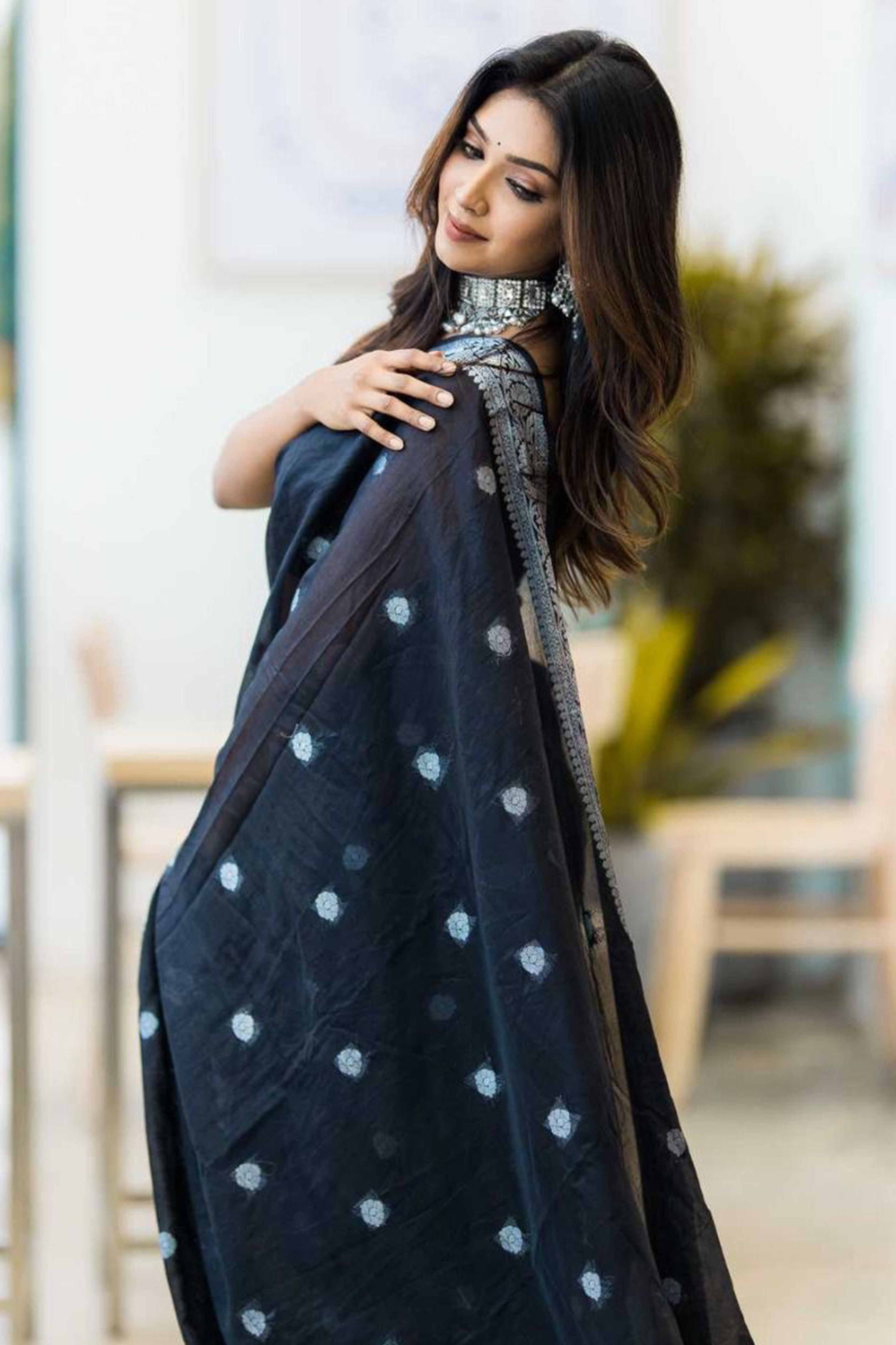 Black Soft Linen Saree Featuring Butti Pattern & Zari Weave