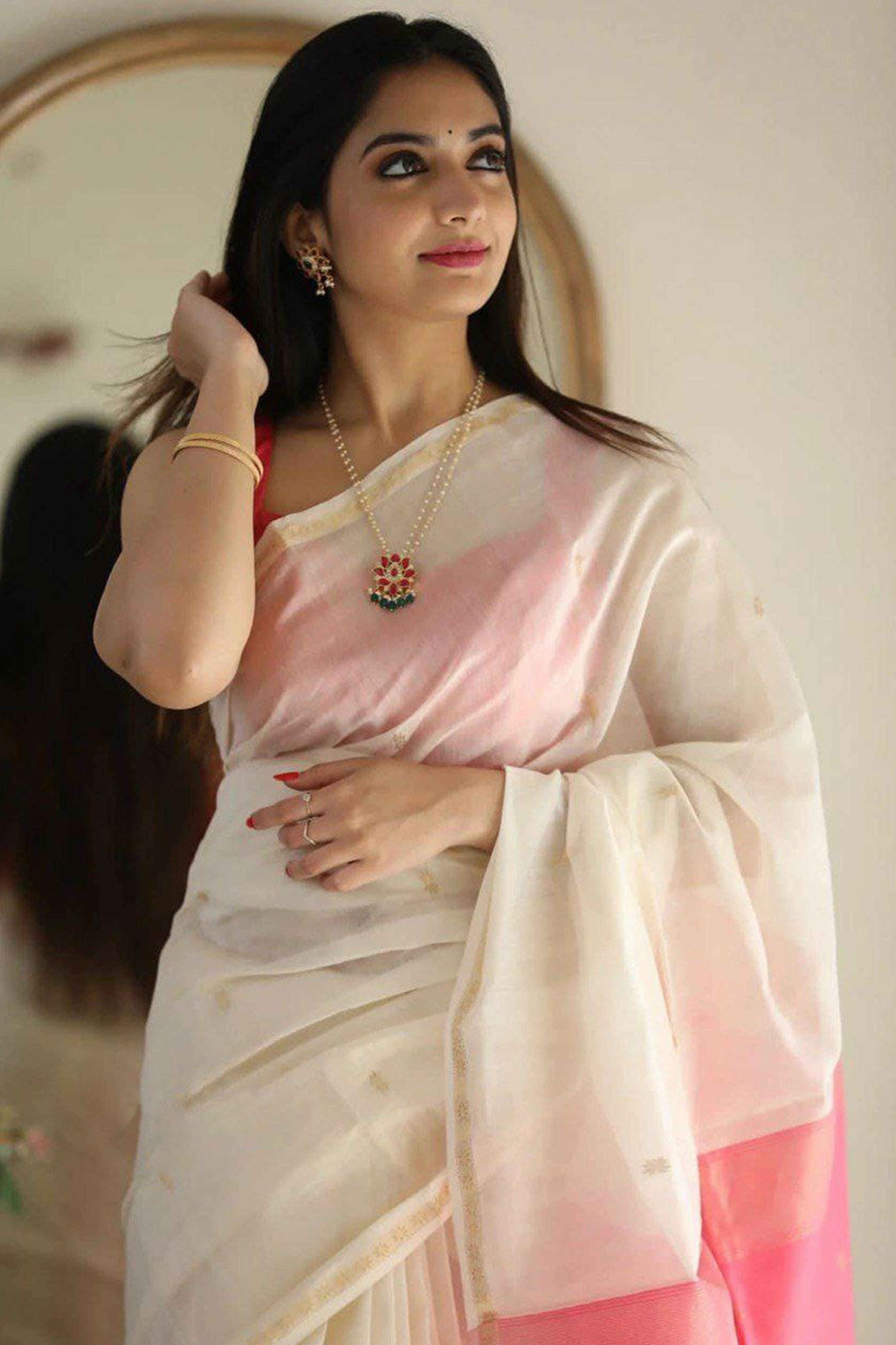 Zari Butti Woven White Soft Linen Cotton Saree for Festive Grace and Charm