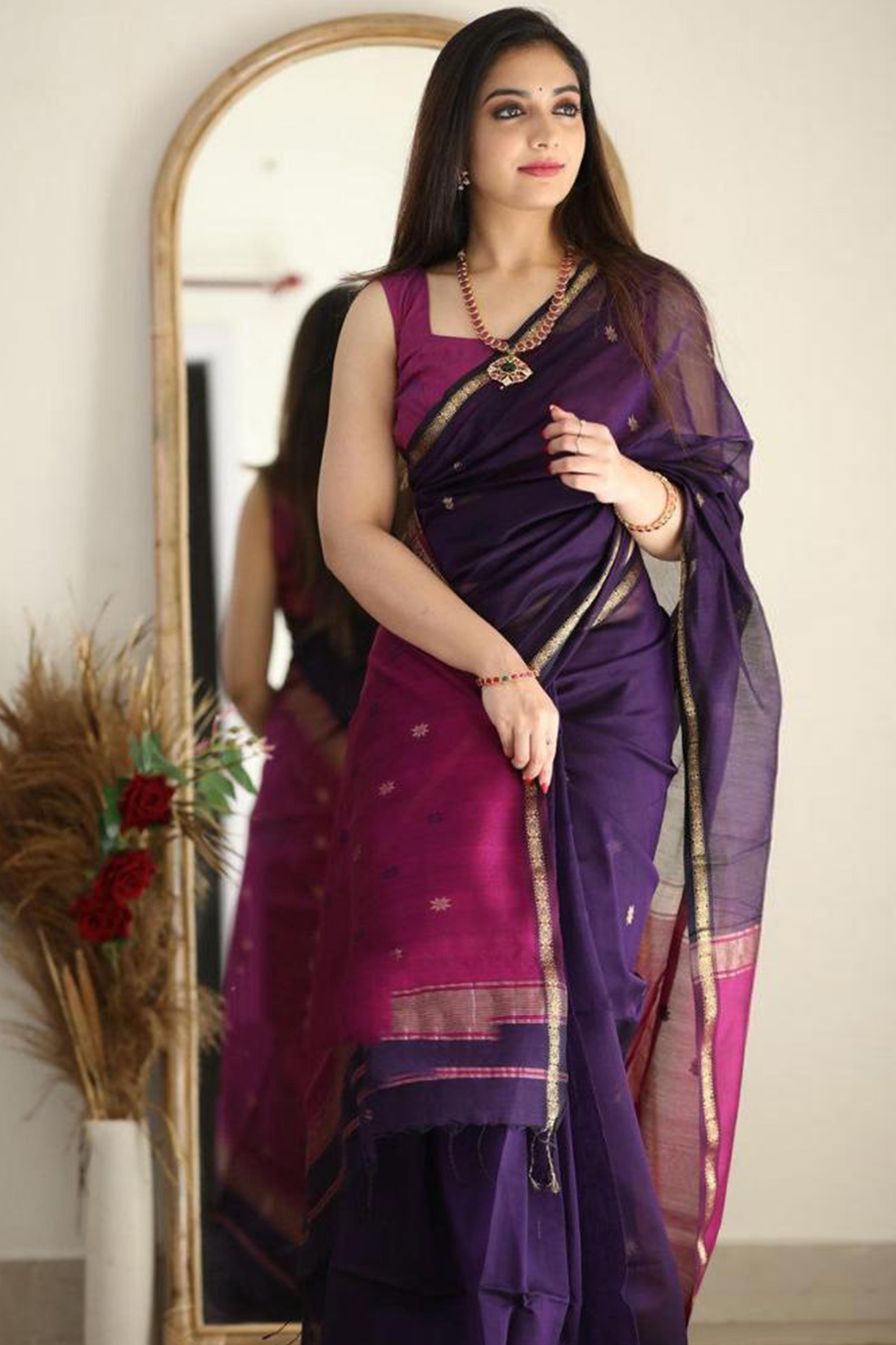 Deep Purple Zari Woven Butti Saree in Breathable and Elegant Linen Cotton Fabric