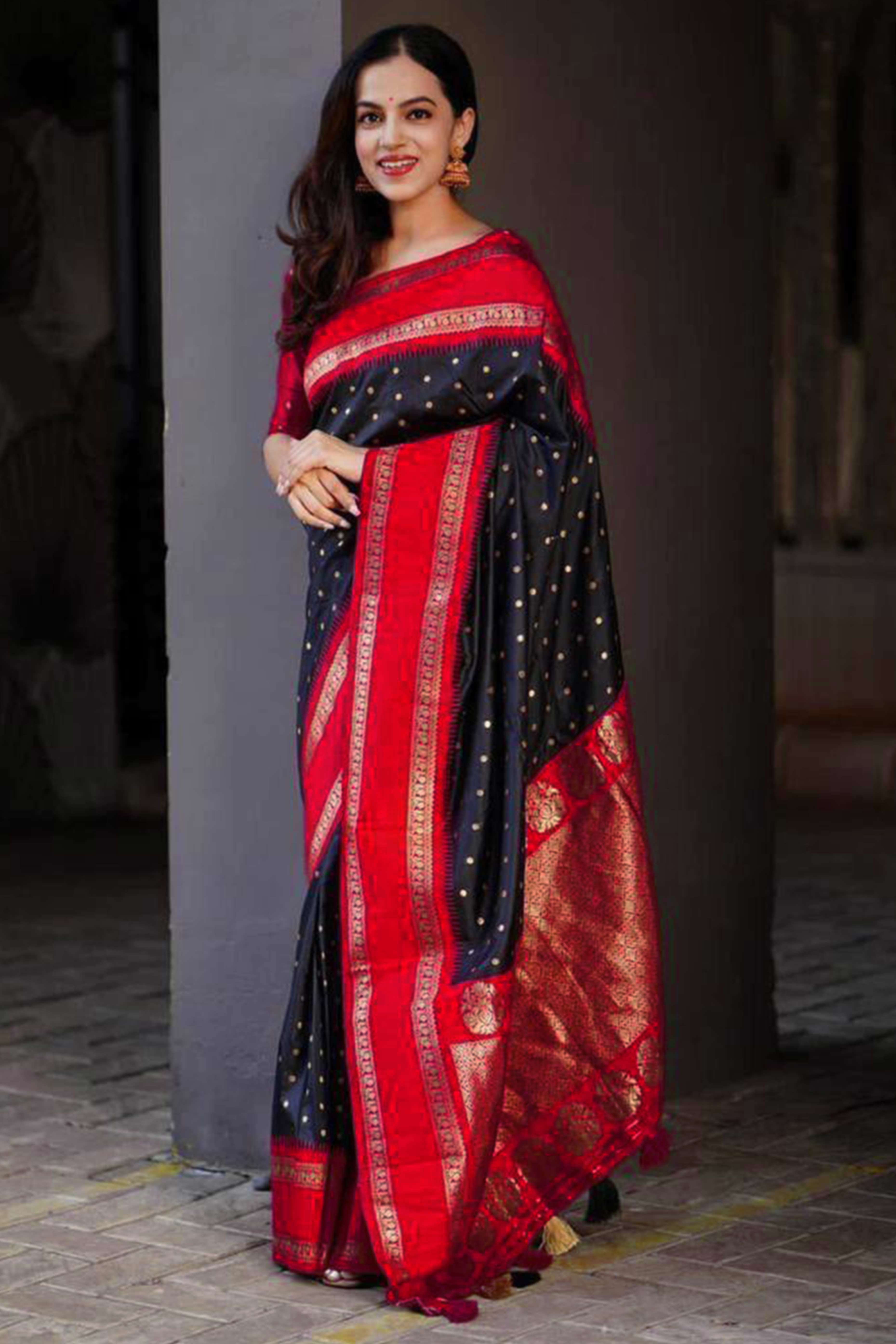 Striking Black & Red Zari Woven Lichi Banarasi Silk Saree With Tassel Accents