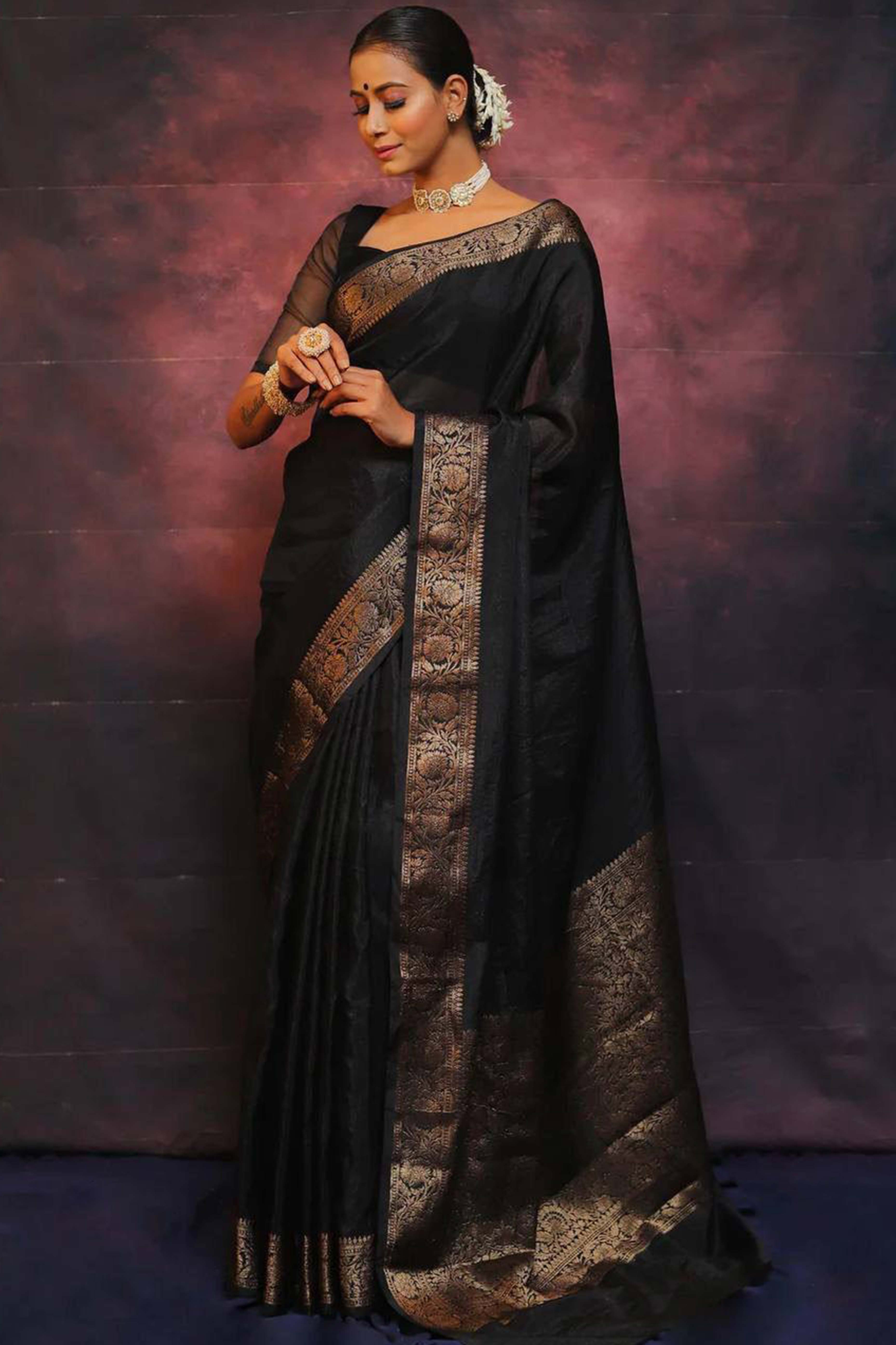 Black Floral Woven Lichi Banarasi Silk Saree