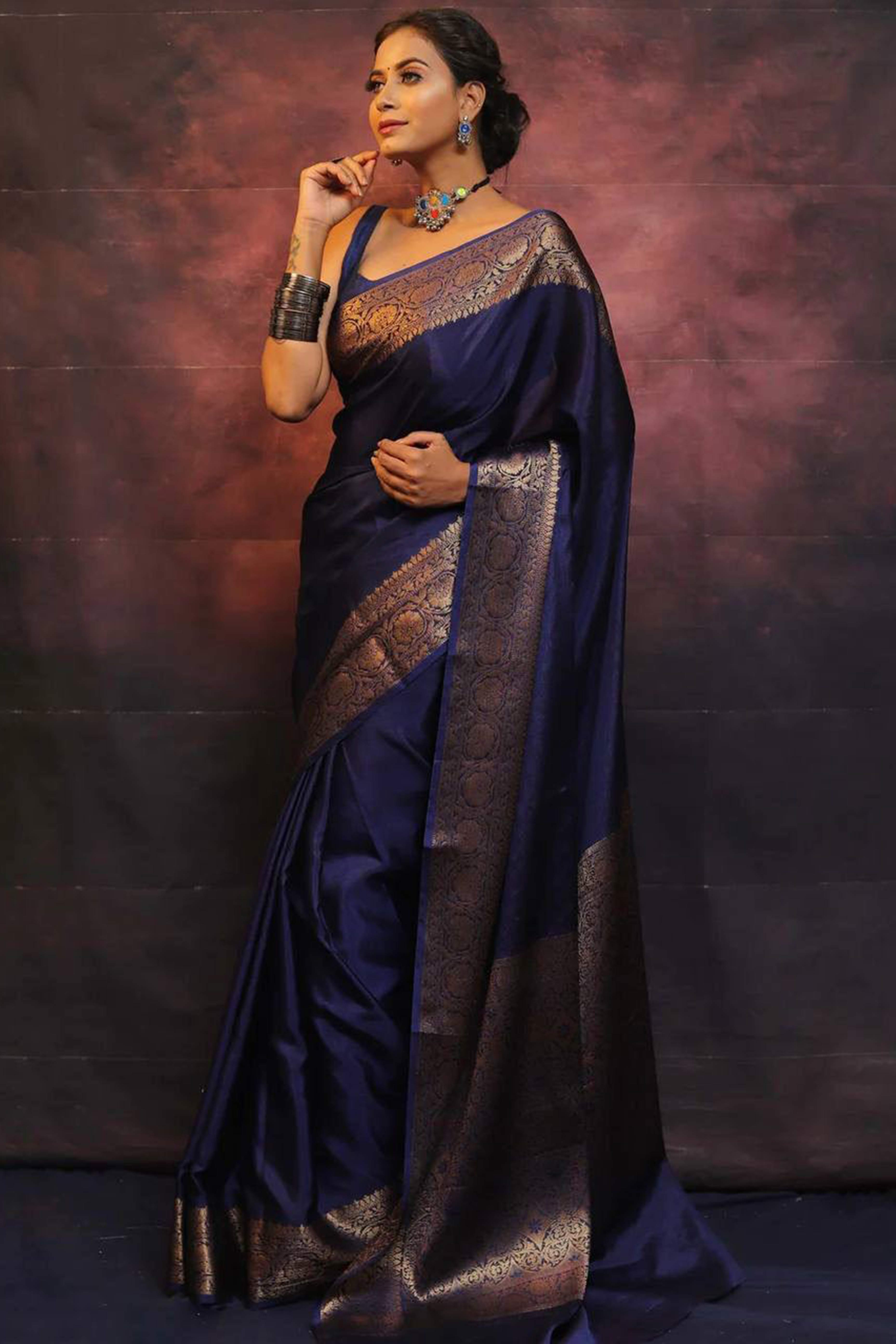 Navy Blue Floral Woven Lichi Banarasi Silk Saree