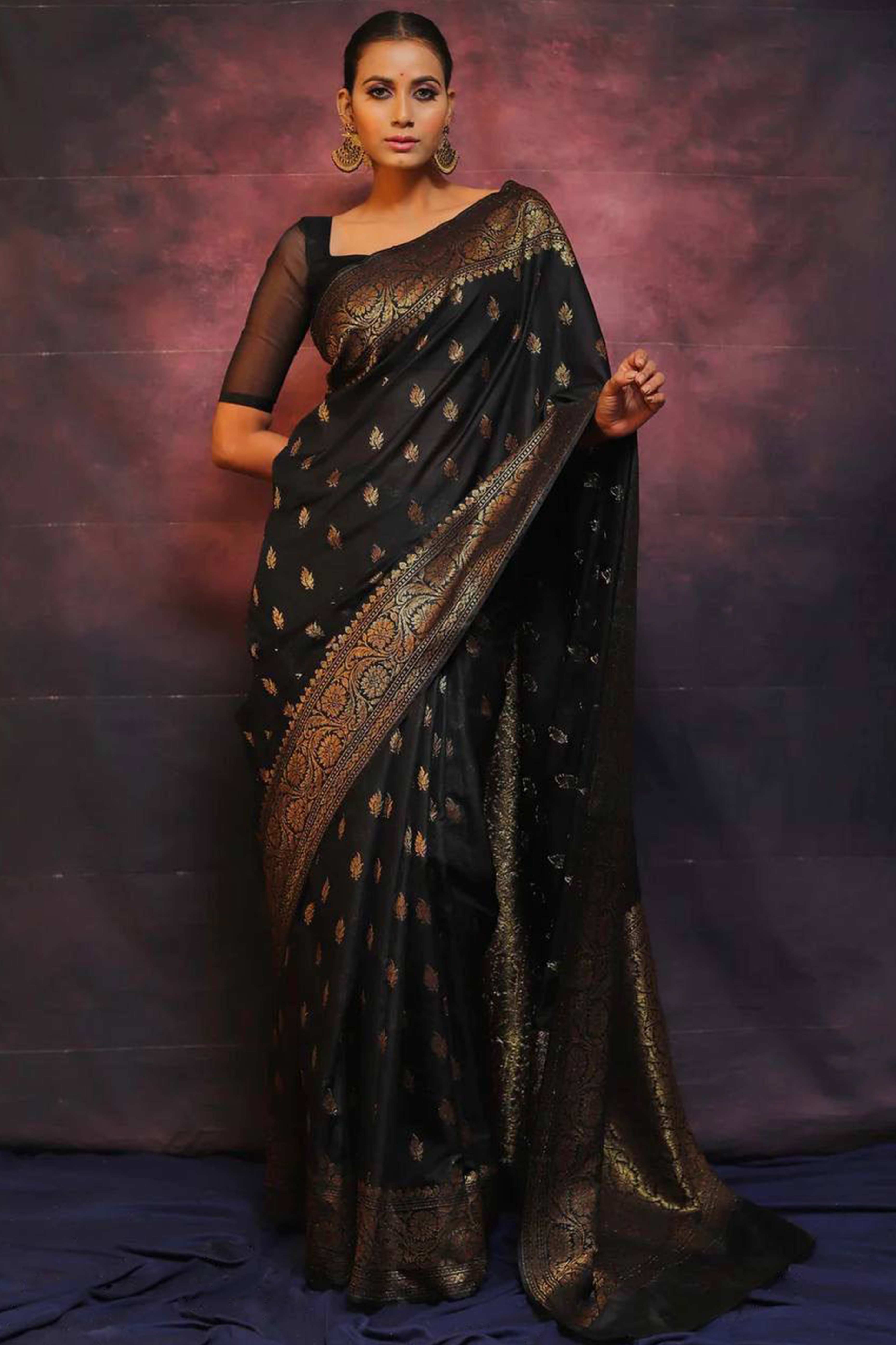 Black Organic Banarasi Silk Saree with Floral Zari Craftsmanship