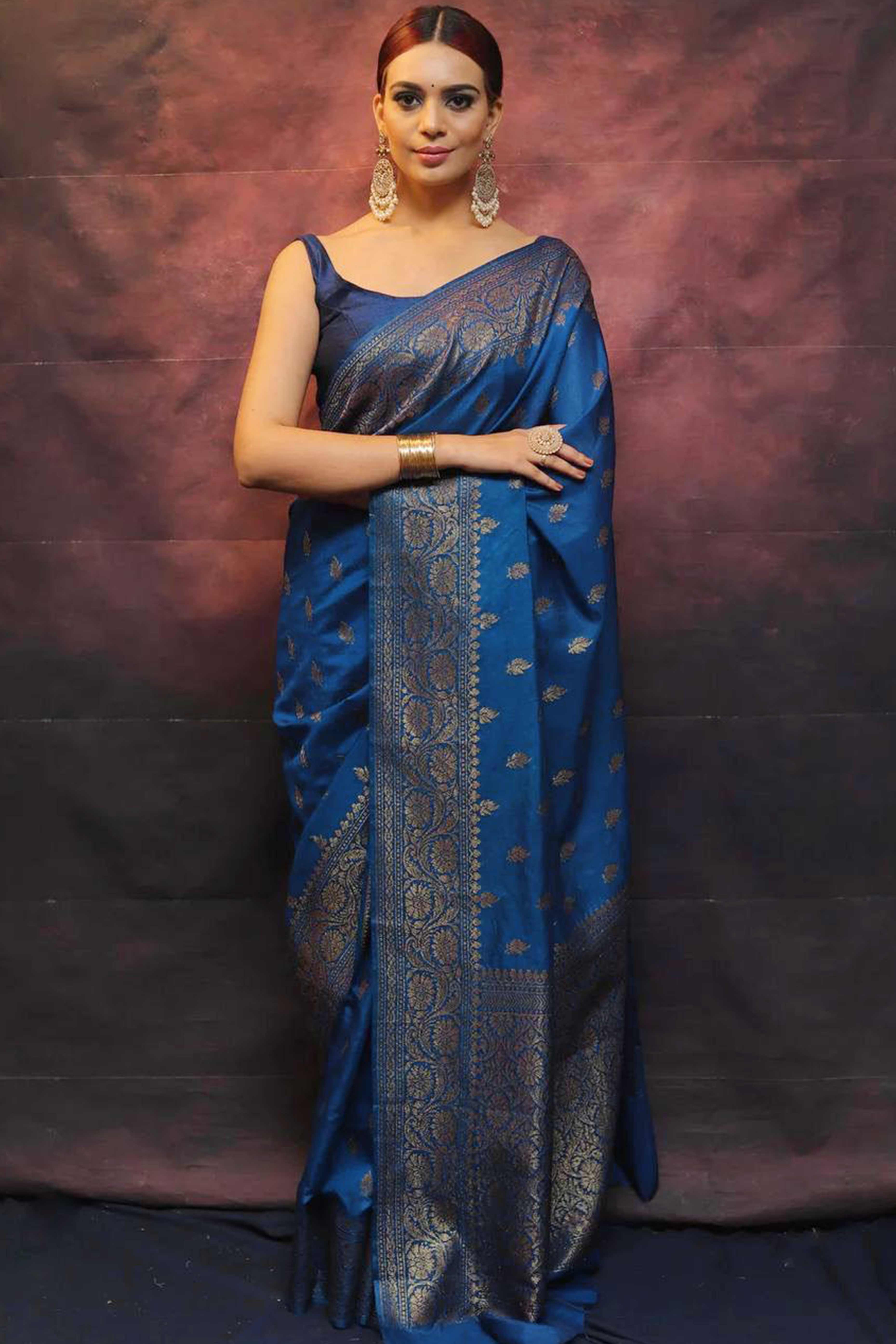 Blue Organic Banarasi Silk Saree with Floral Zari Elegance