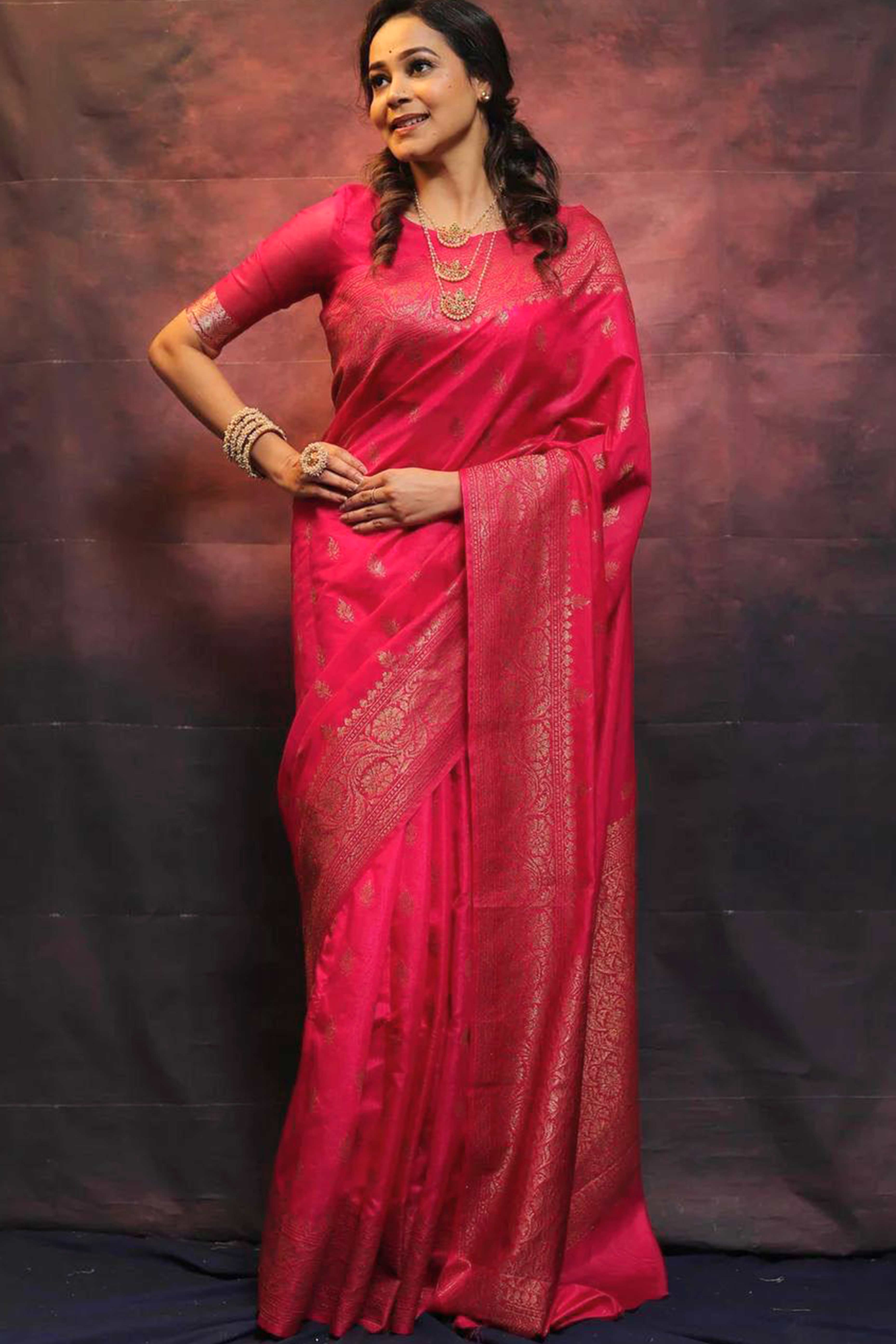 Pink Organic Banarasi Silk Saree with Floral Zari Accents
