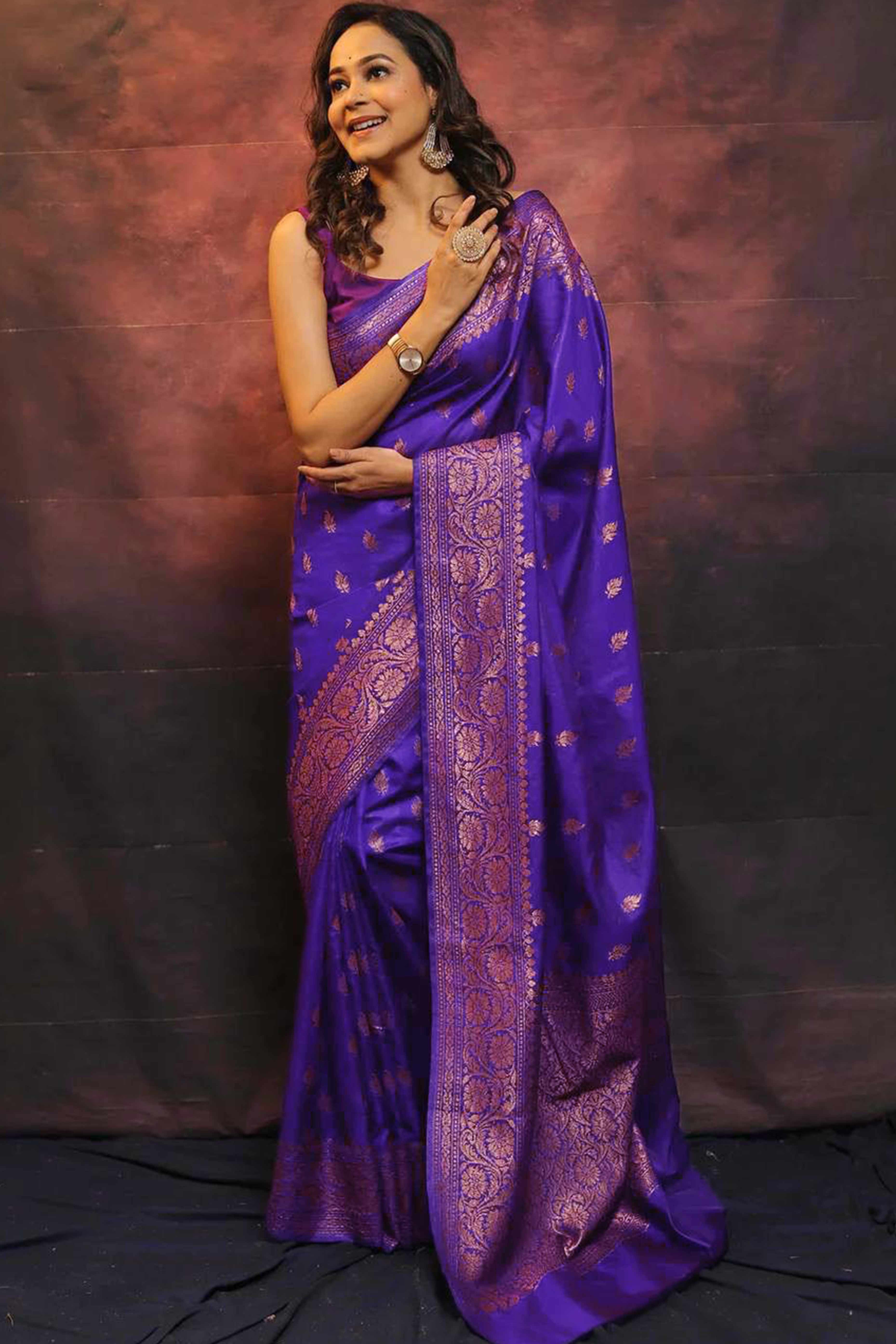 Violet Organic Banarasi Silk Saree with Floral Zari Detailing