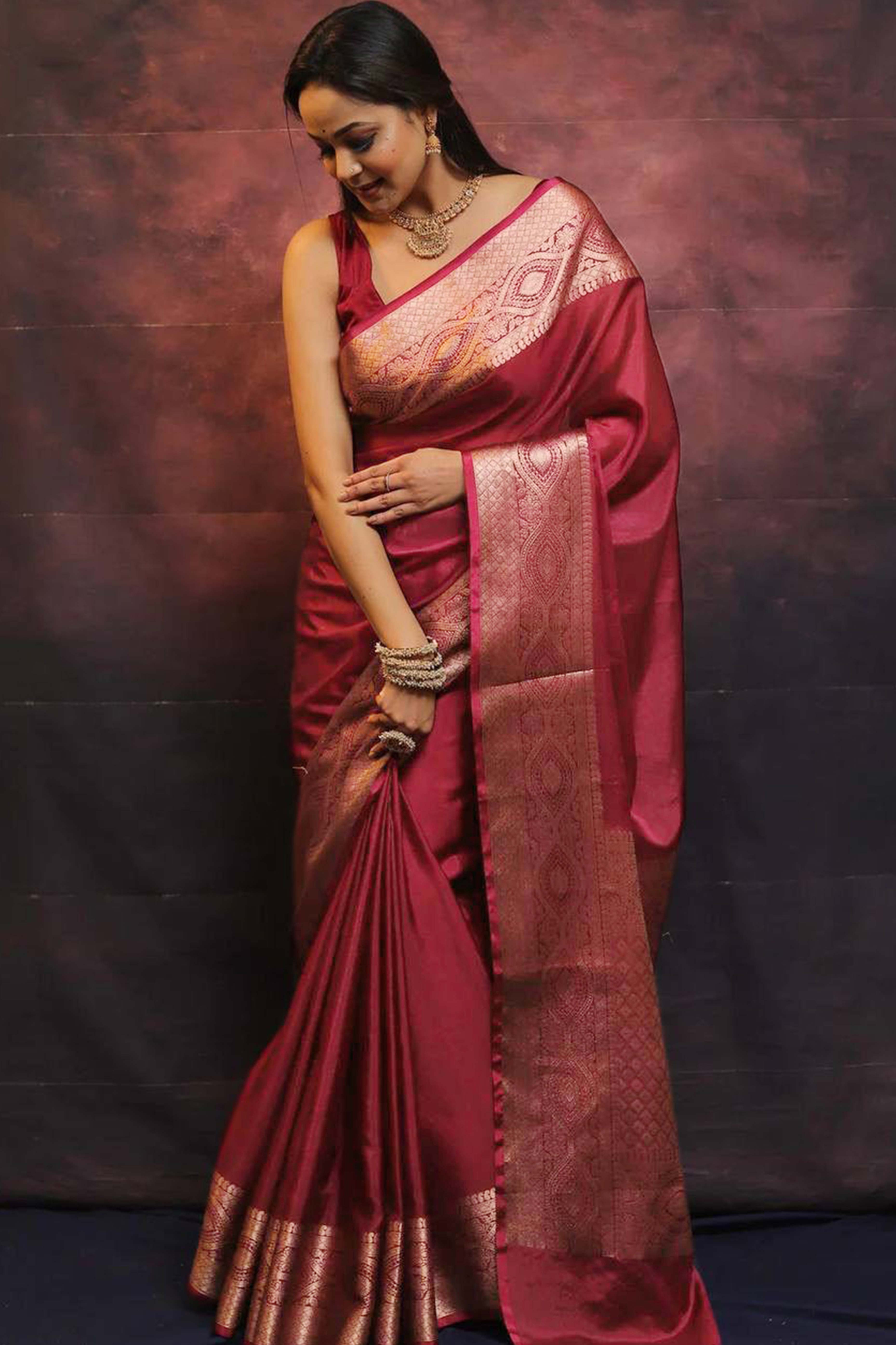 Regal Maroon Floral Zari Woven Lichi Banarasi Silk Saree