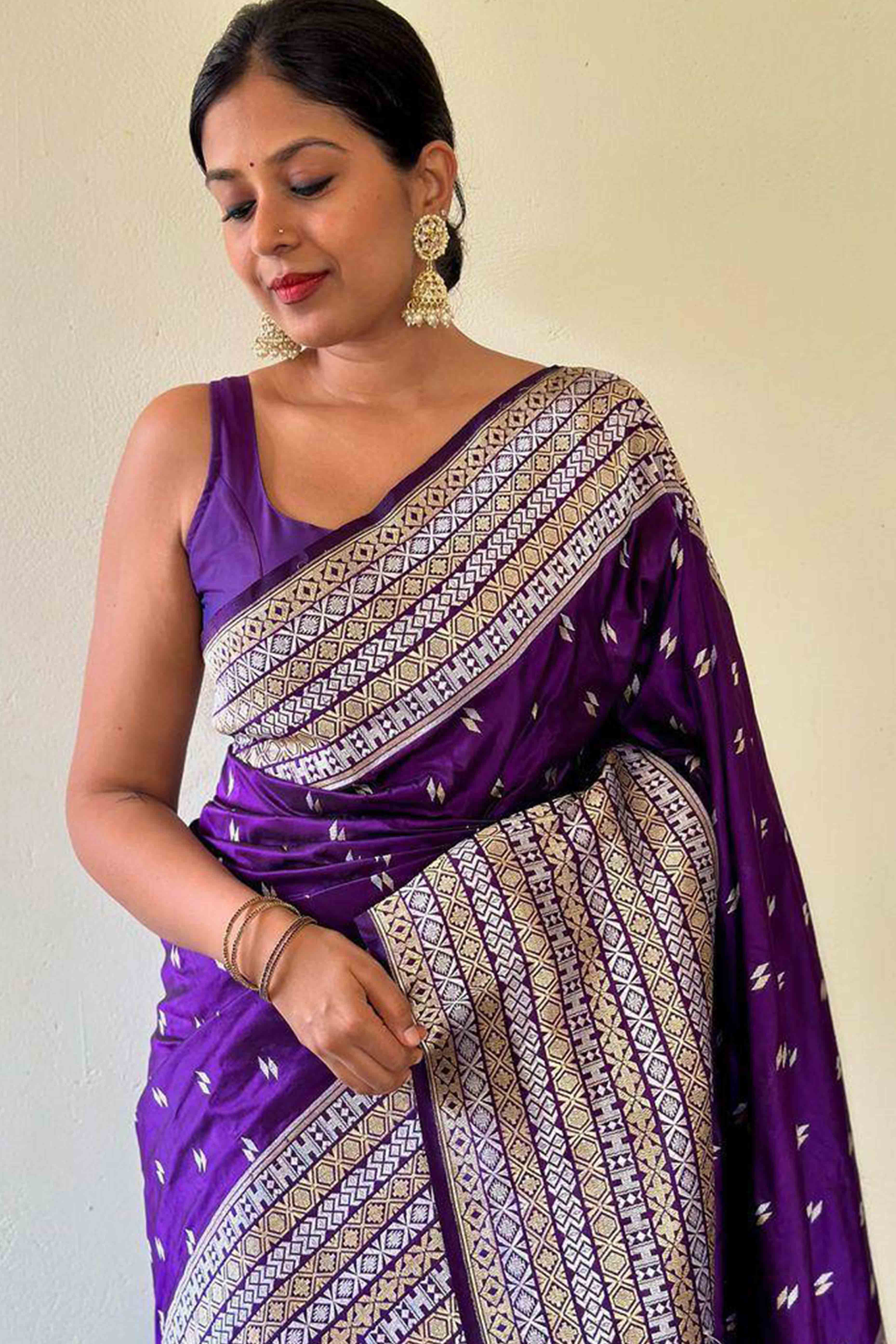 Violet Floral Woven Lichi Banarasi Silk Saree With Tassels