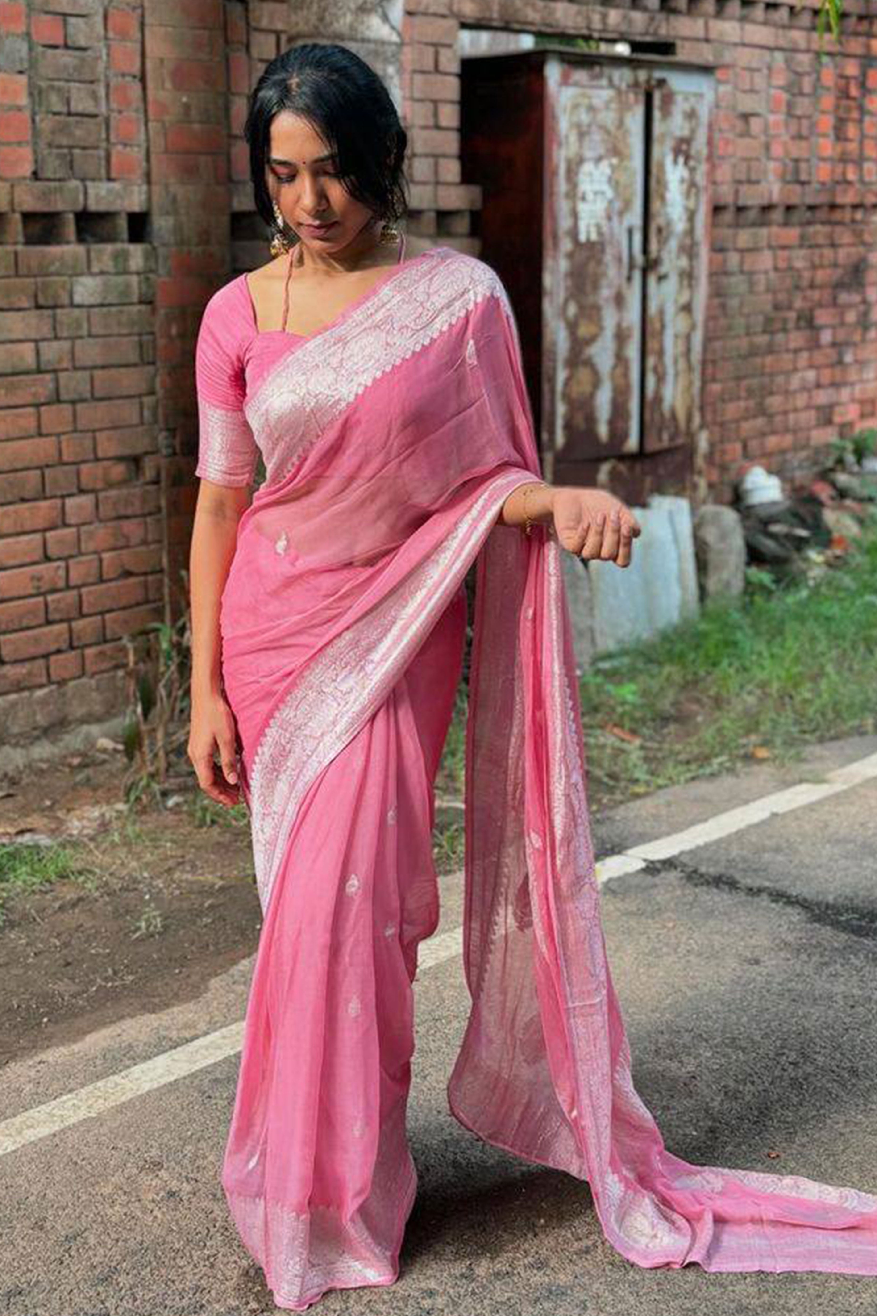 Pink Floral Woven Cotton Silk Saree