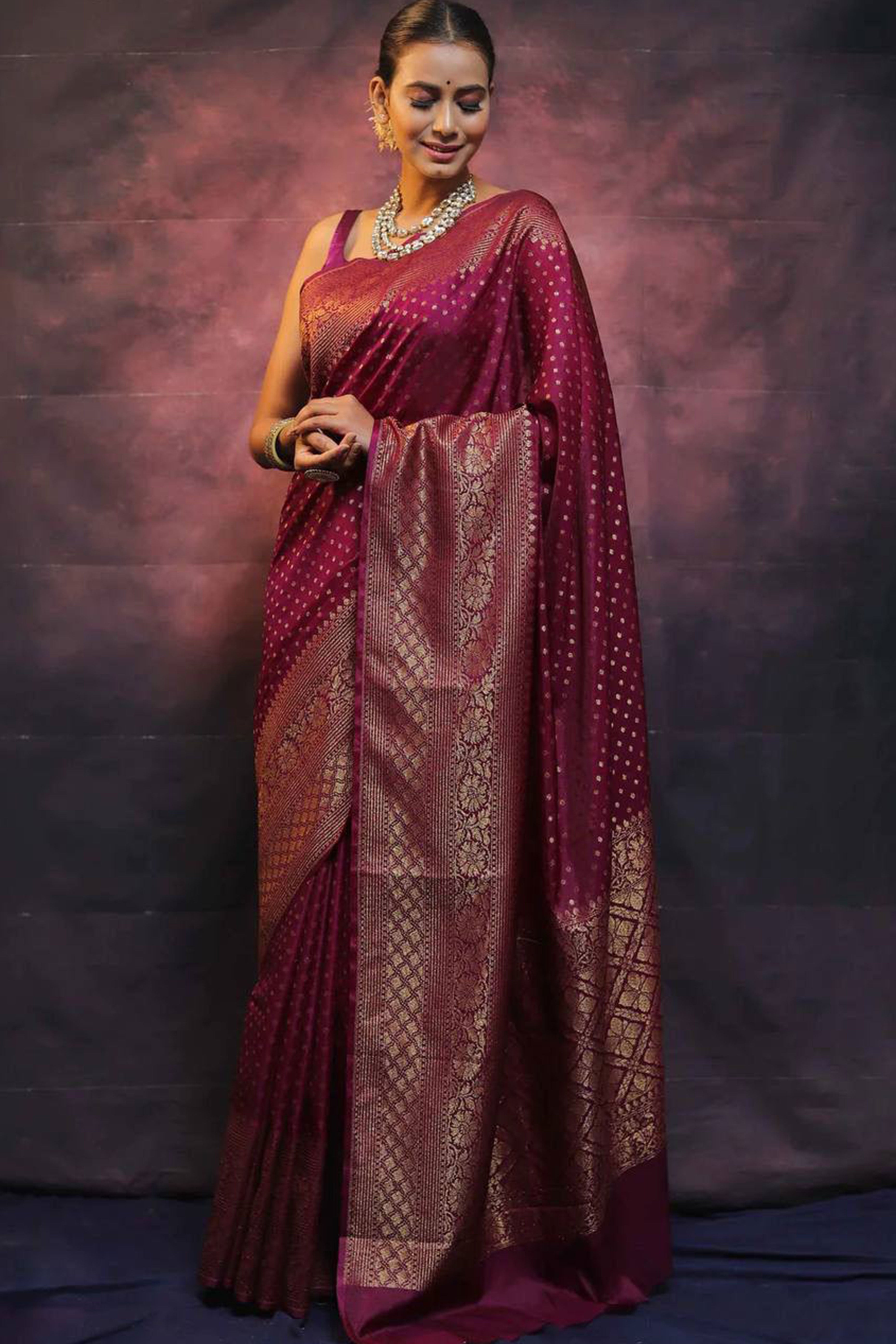 Wine Floral Woven Lichi Banarasi Silk Saree