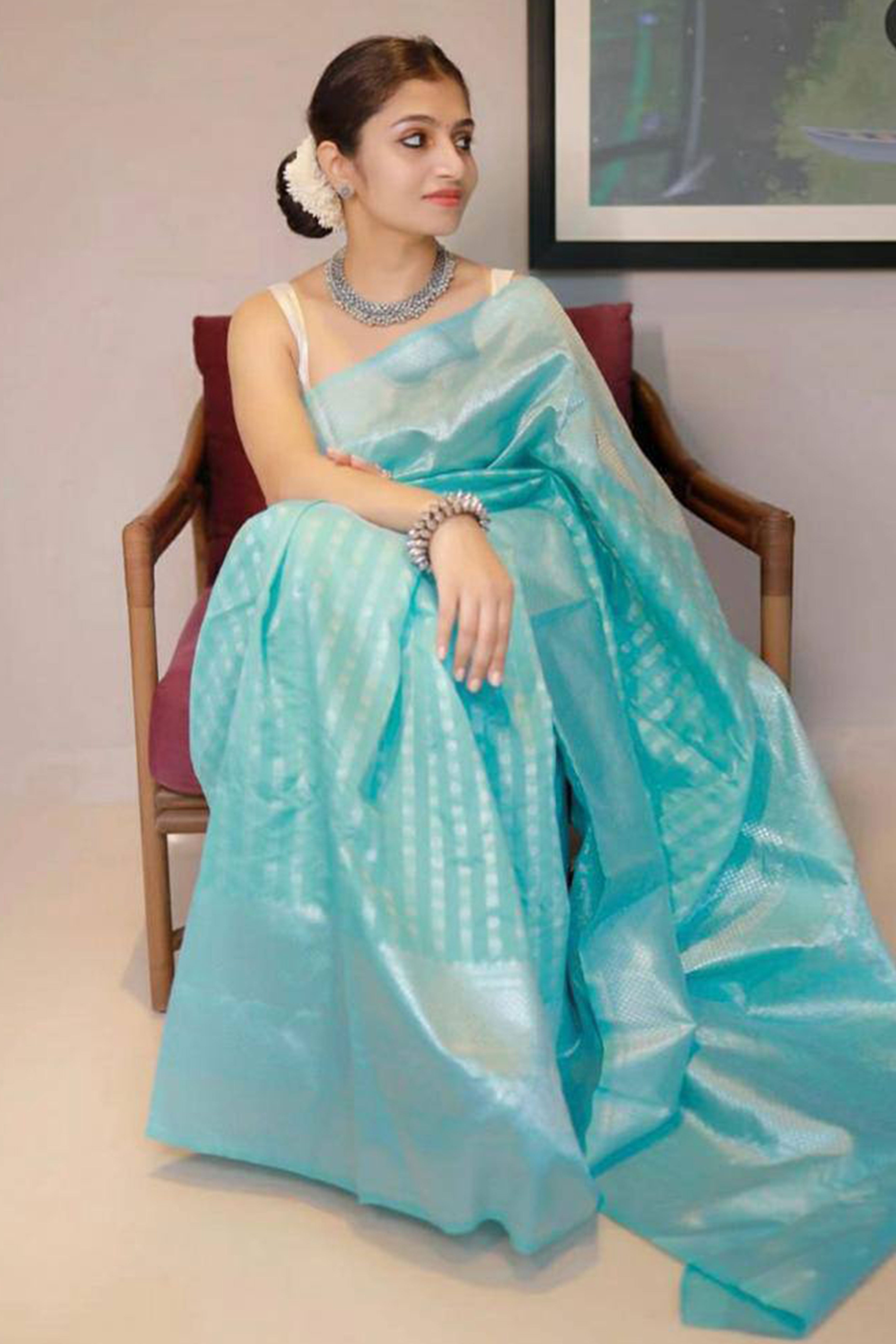 Blue Floral Woven Lichi Banarasi Silk Saree