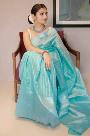 Blue Floral Woven Lichi Banarasi Silk Saree