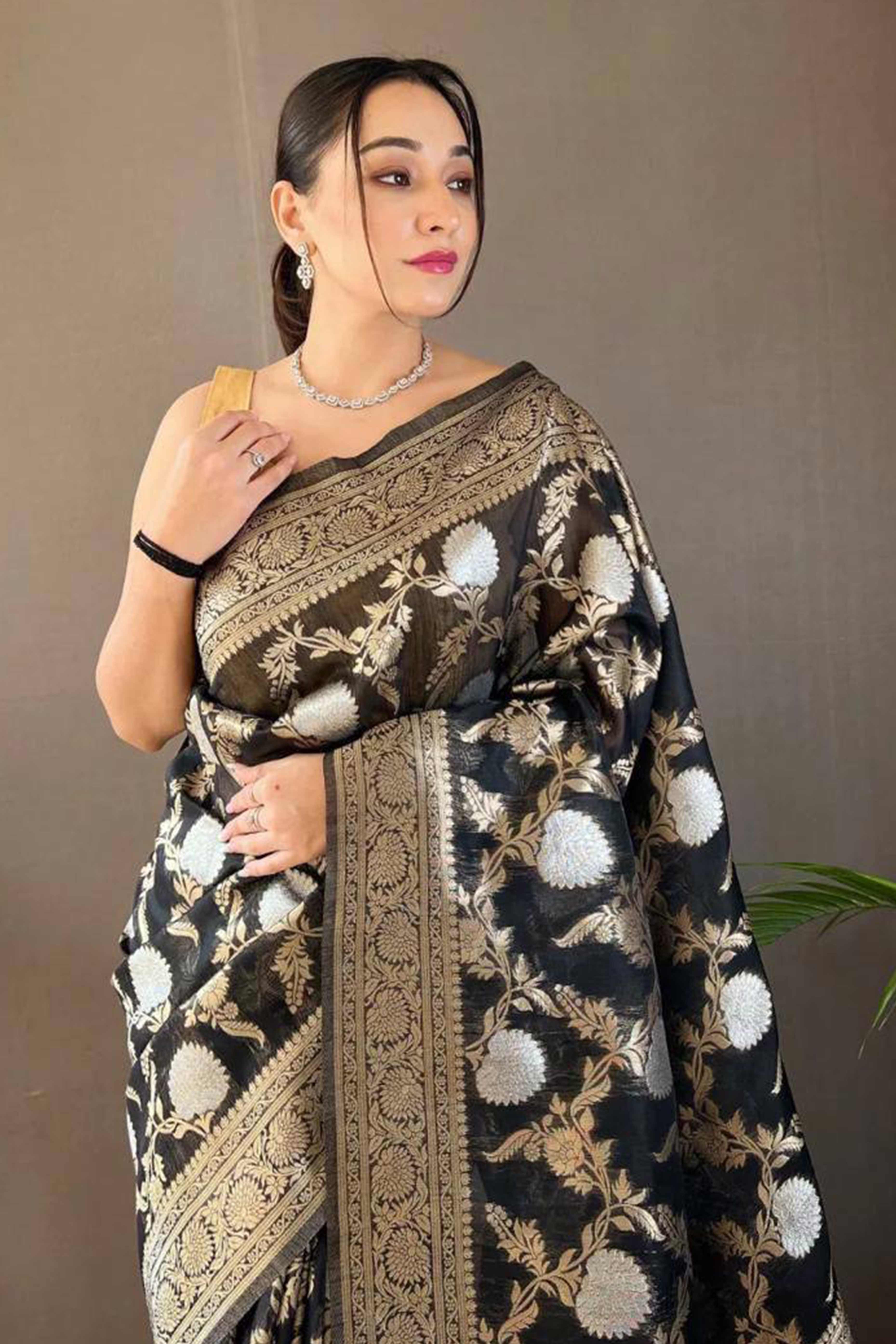Black Floral Woven Cotton Silk Saree
