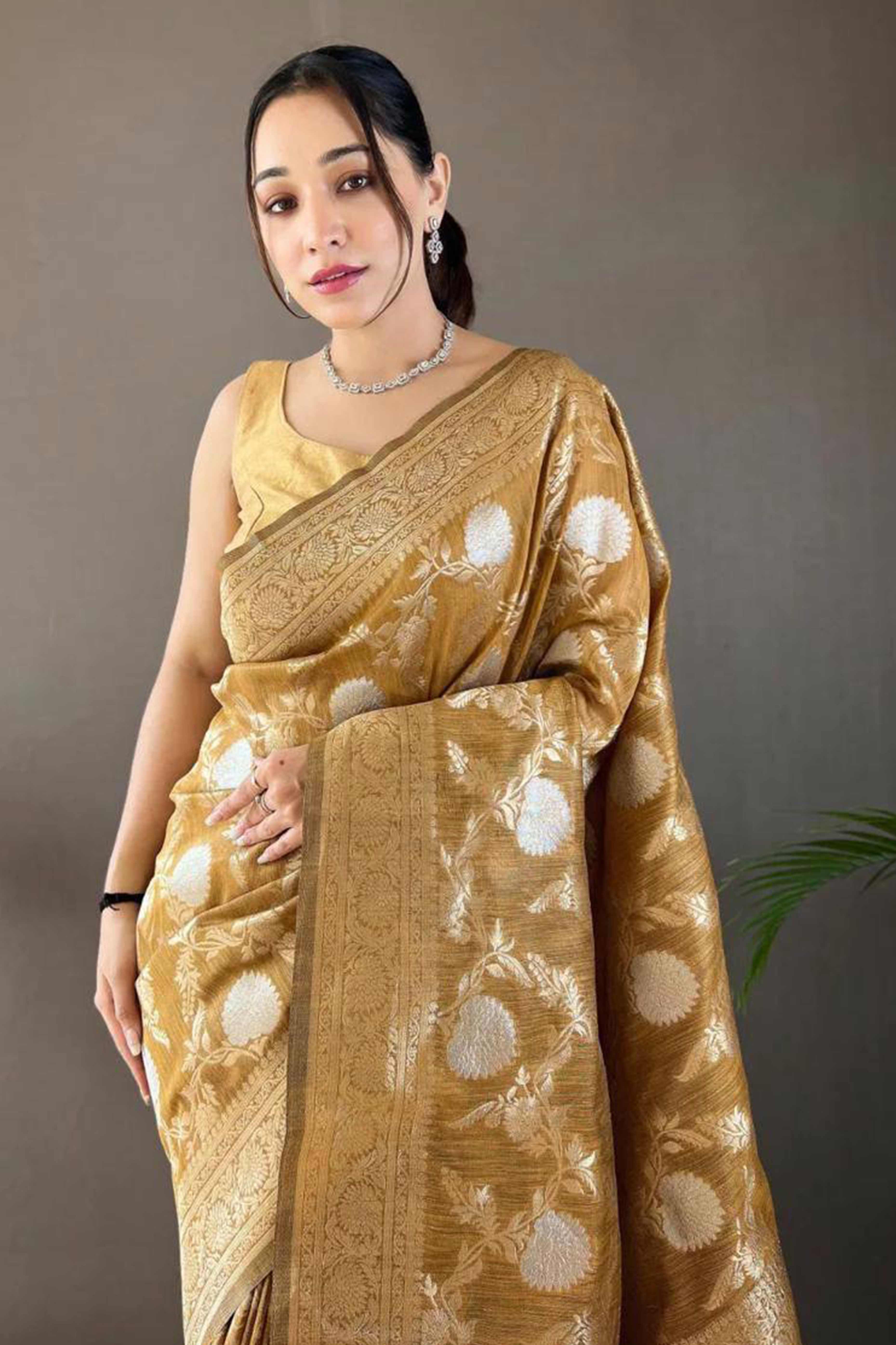 Dark Mustard Floral Woven Cotton Silk Saree