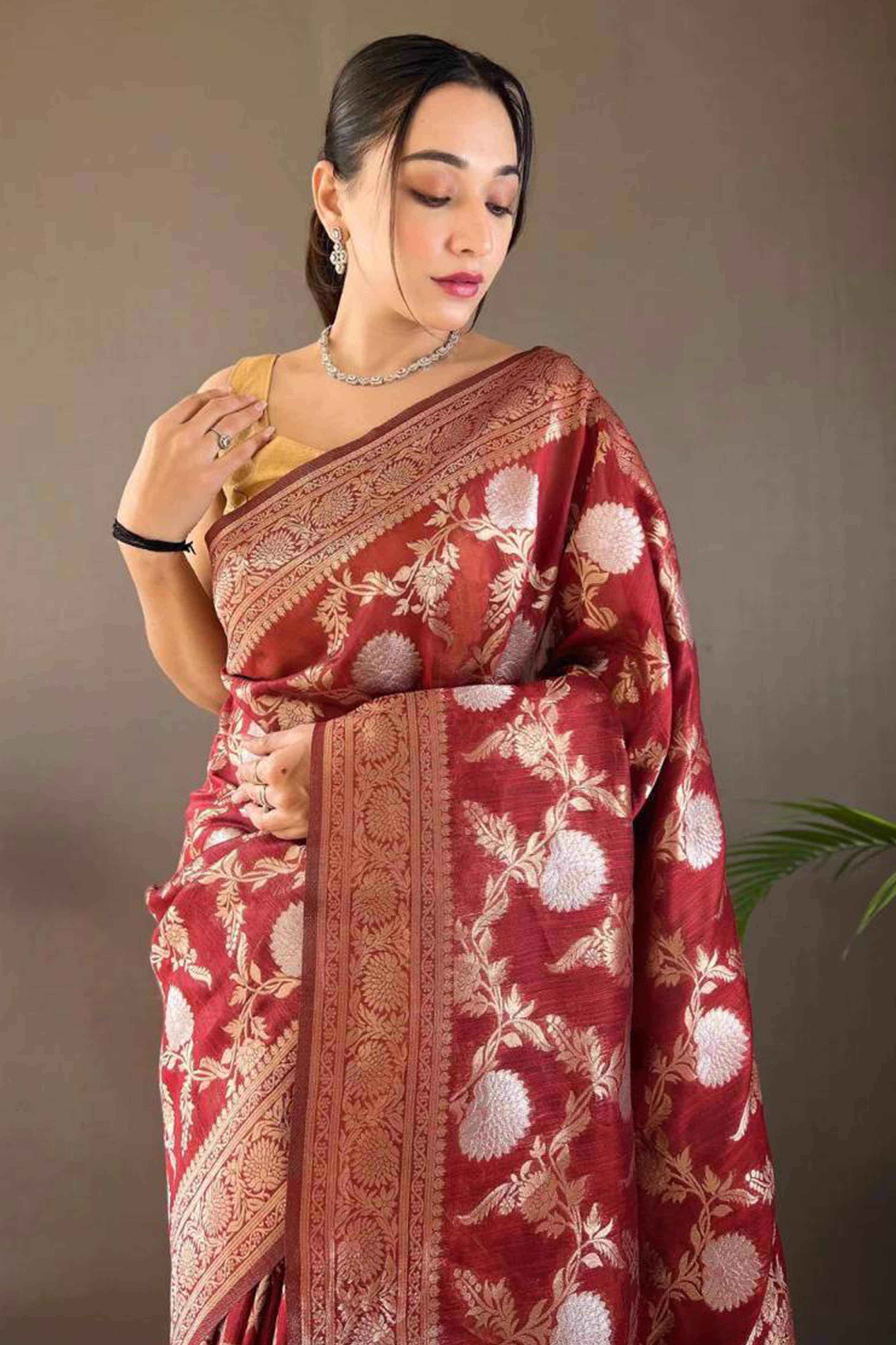 Maroon Floral Woven Cotton Silk Saree
