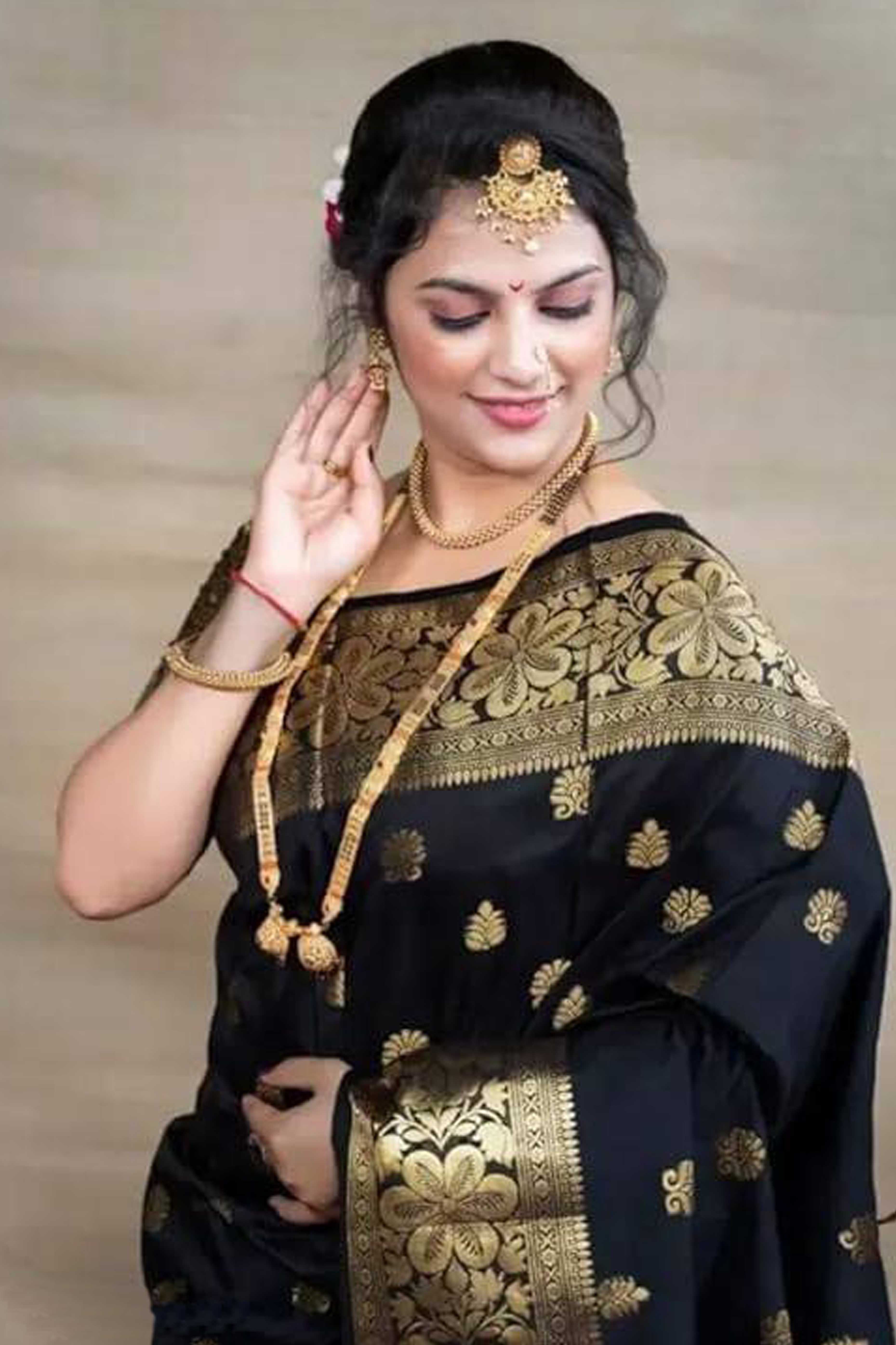 Black Banarasi Silk Saree With Intricate Zari Butti Weaving