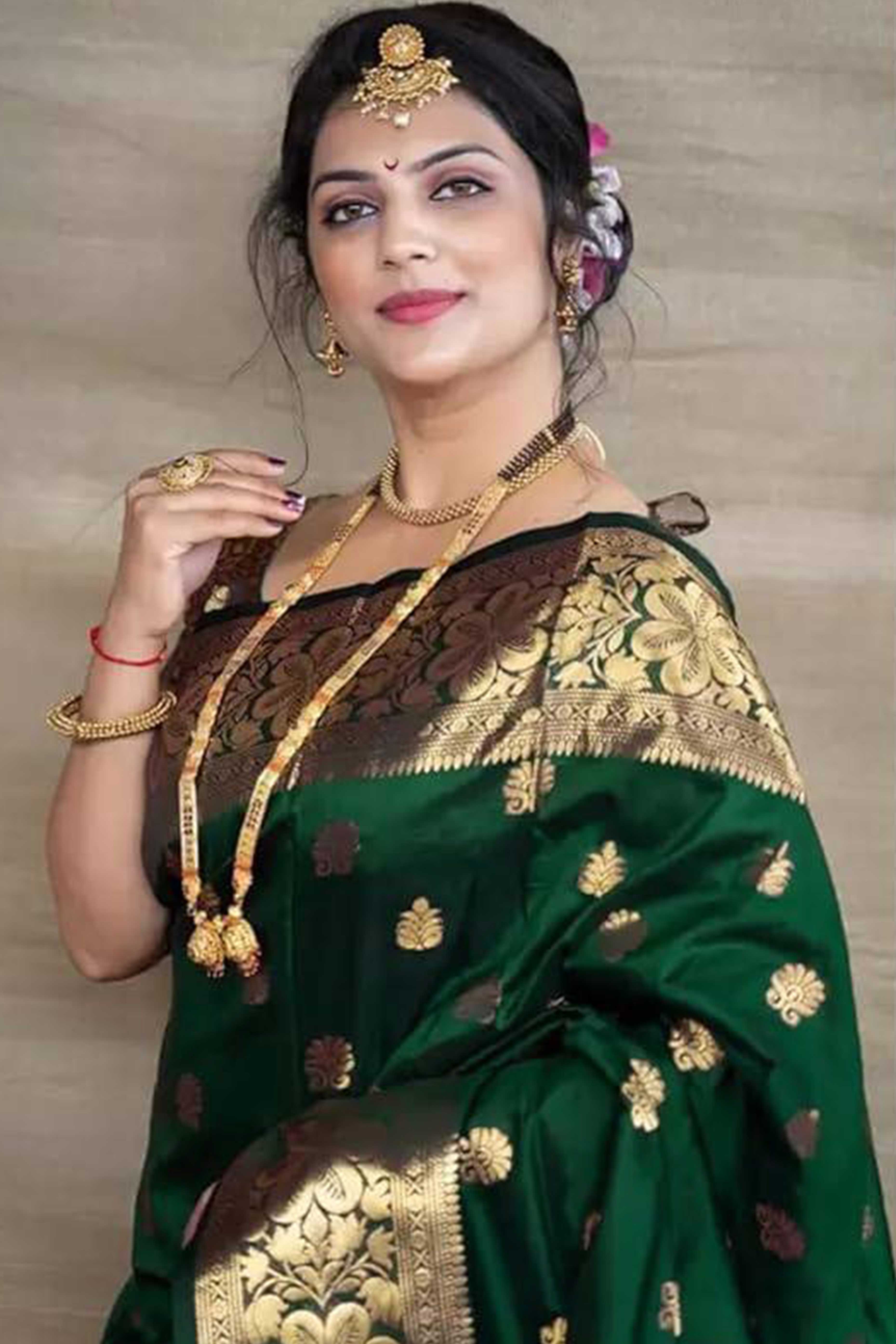 Dark Green Banarasi Silk Saree With Intricate Zari Butti Weaving