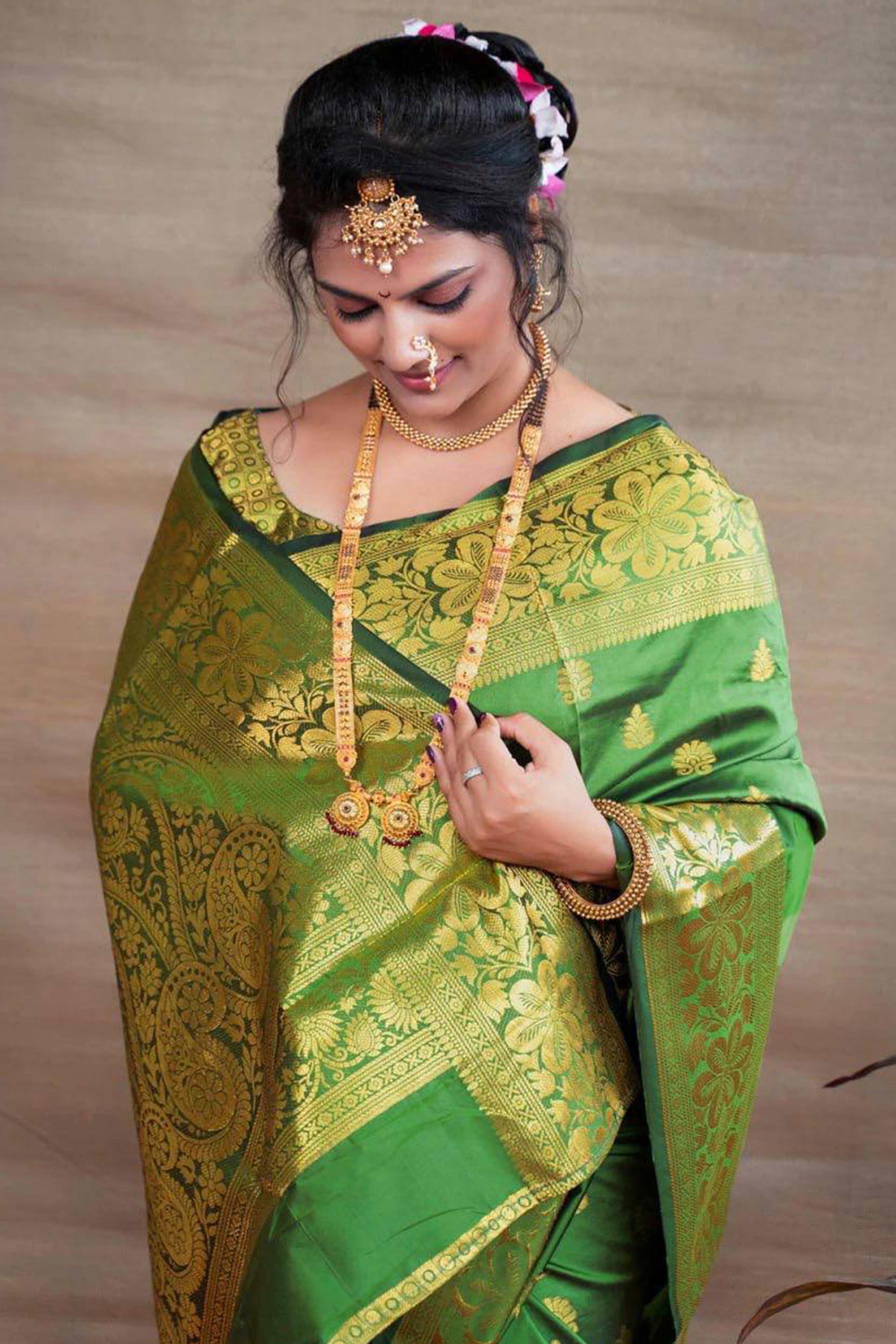 Regal Green Banarasi Silk Saree With Intricate Zari Butti Weaving