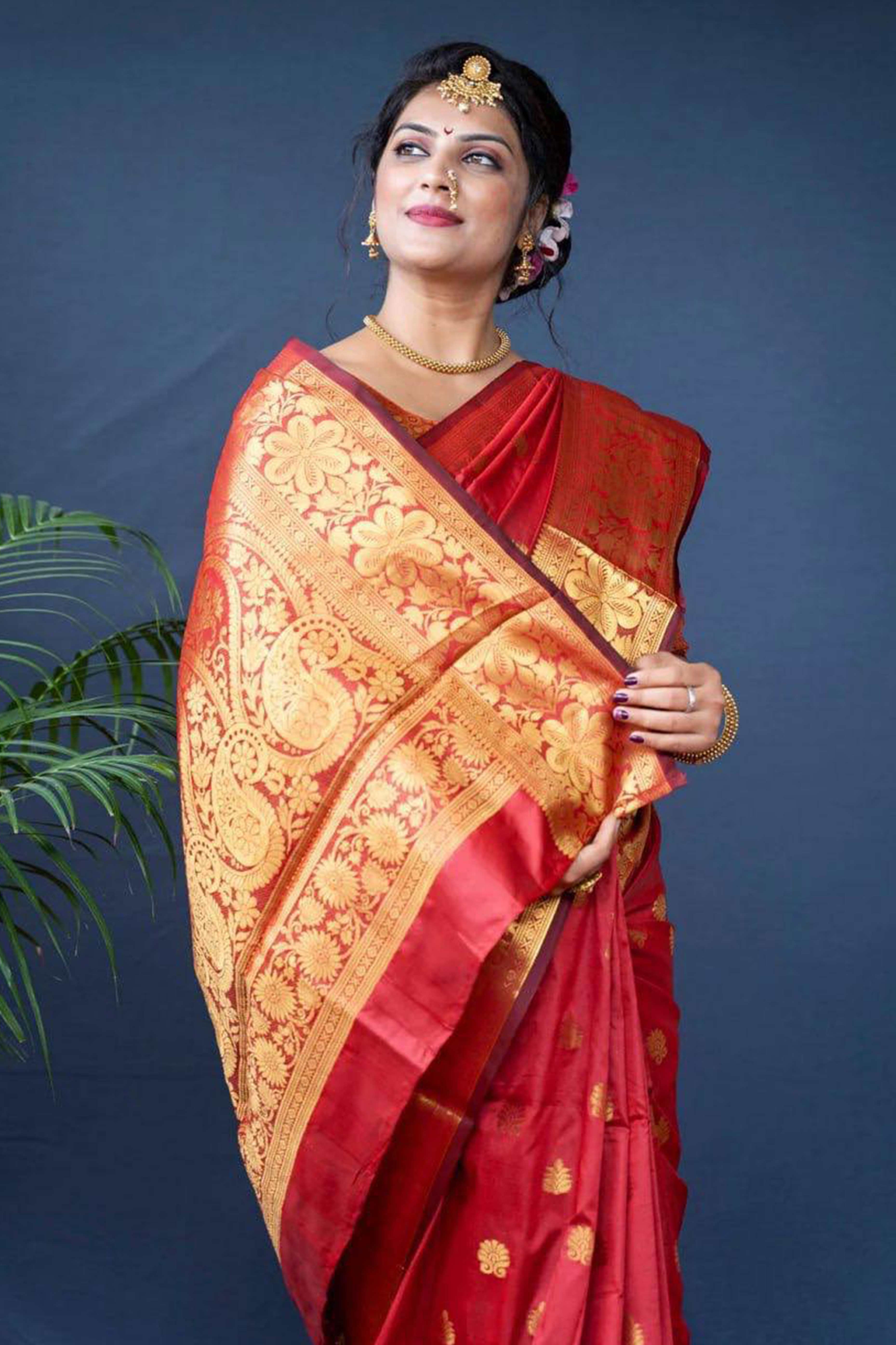 Red Banarasi Silk Saree With Intricate Zari Butti Weaving