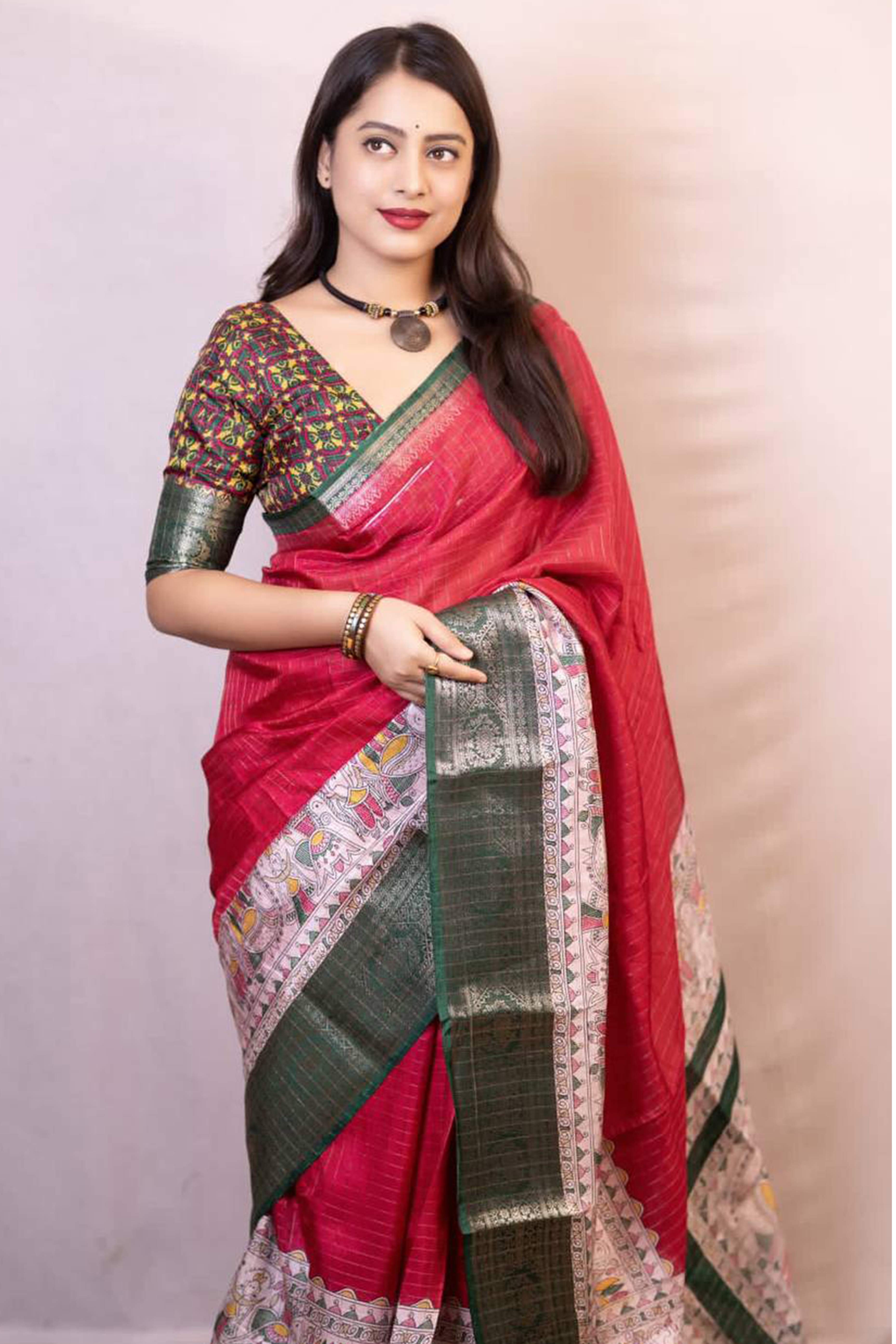 Pink Printed With Zari Checks Dola Silk Saree