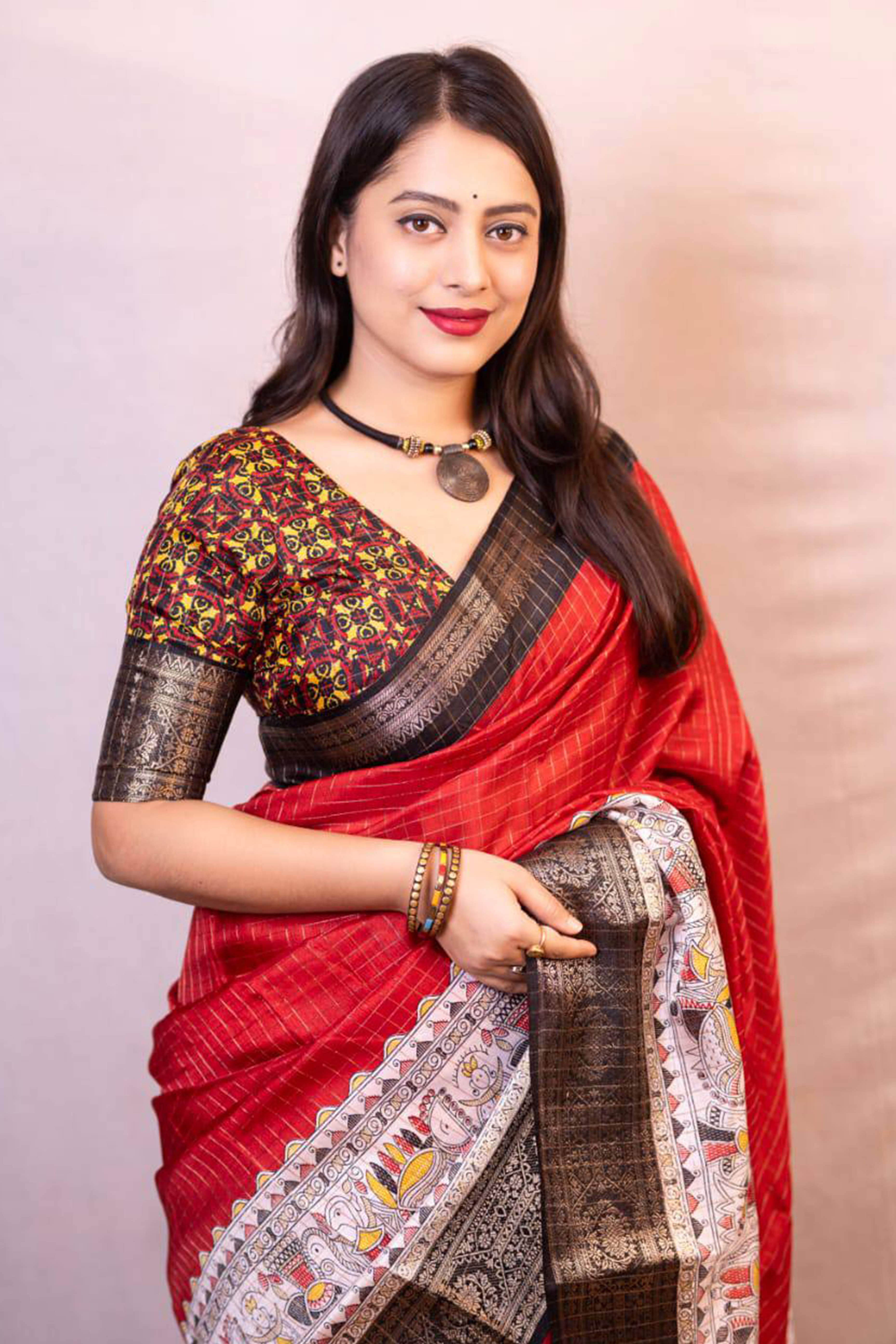 Red Printed With Zari Checks Dola Silk Saree