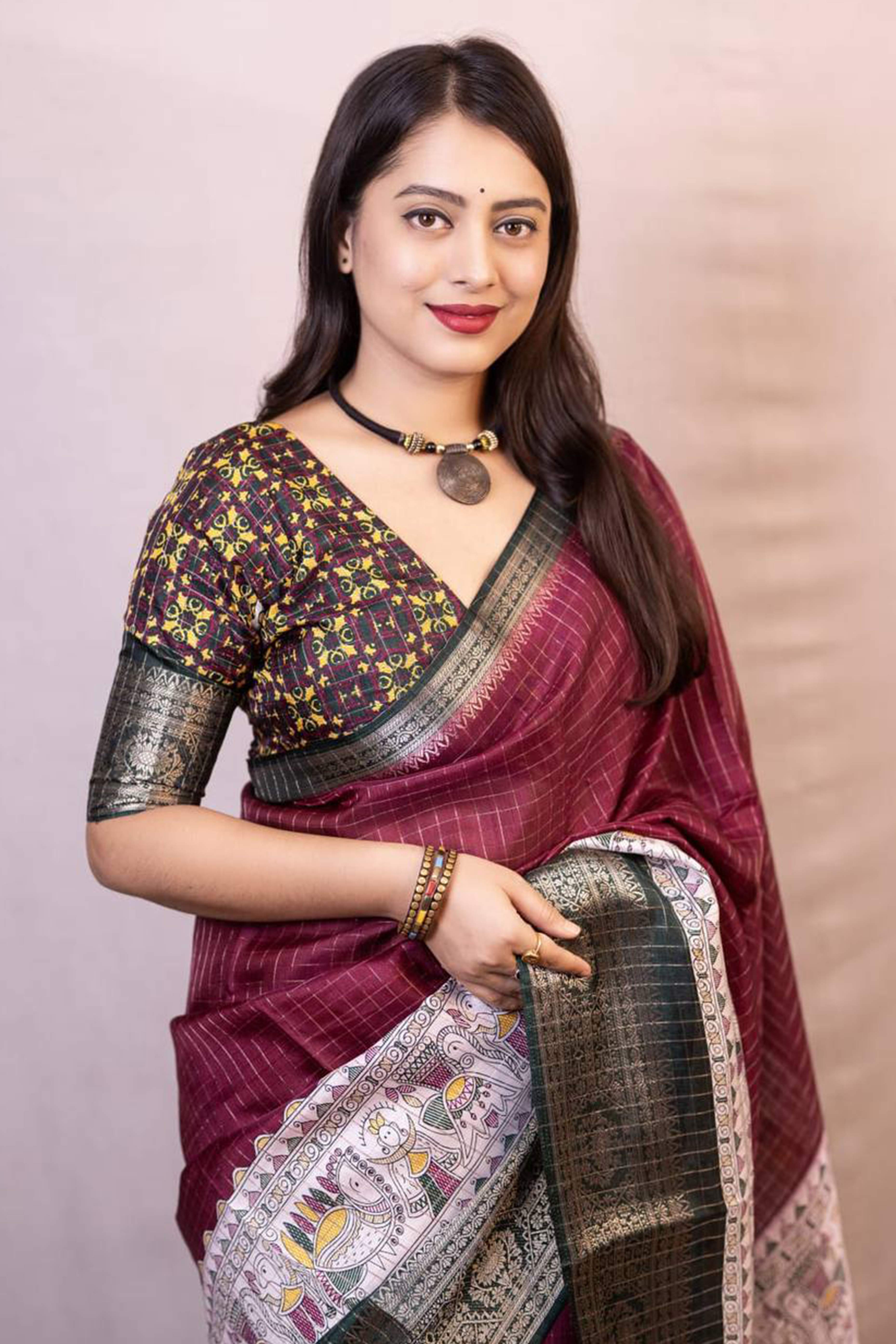 Wine Printed With Zari Checks Dola Silk Saree