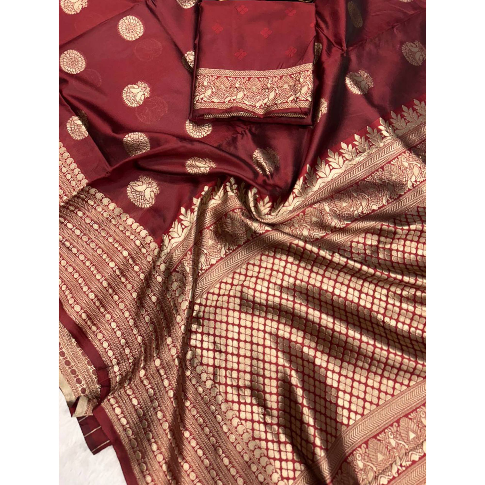 Maroon Floral Woven Lichi Banarasi Silk Saree
