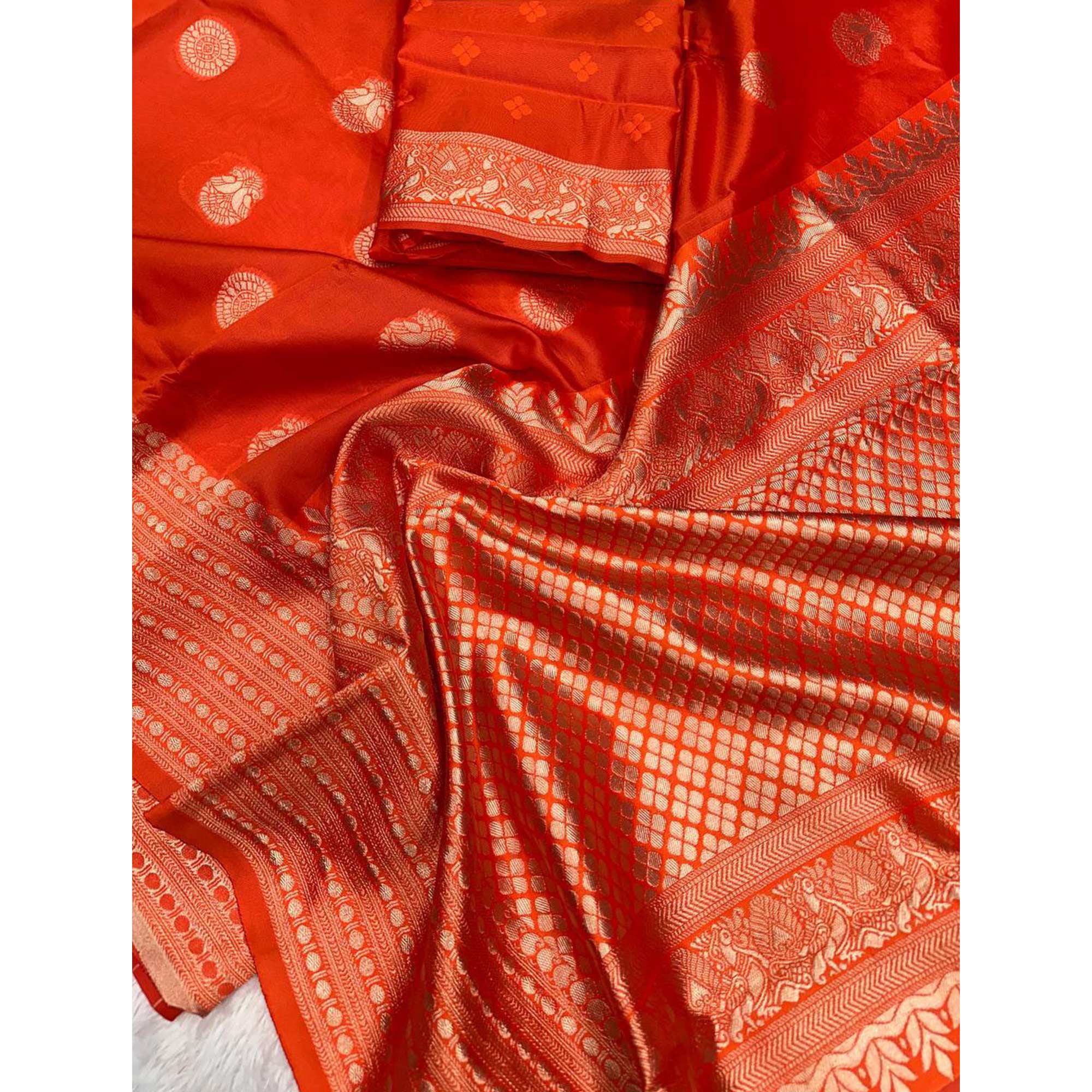 Orange Floral Woven Lichi Banarasi Silk Saree