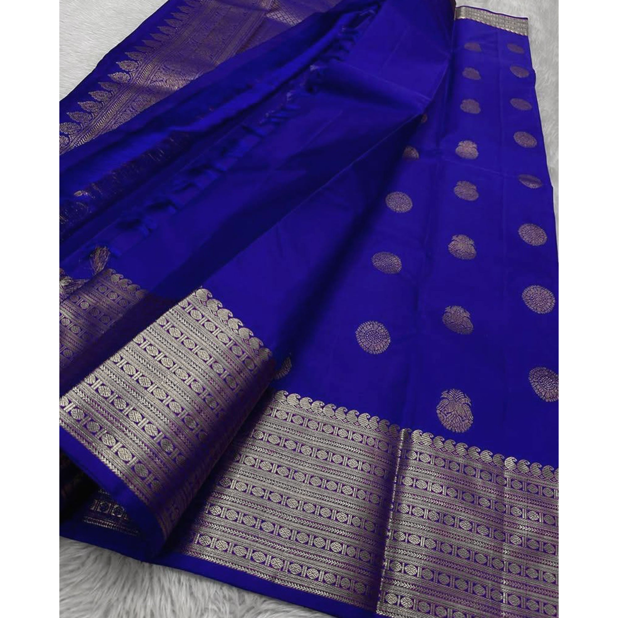 Royal Blue Floral Woven Lichi Banarasi Silk Saree