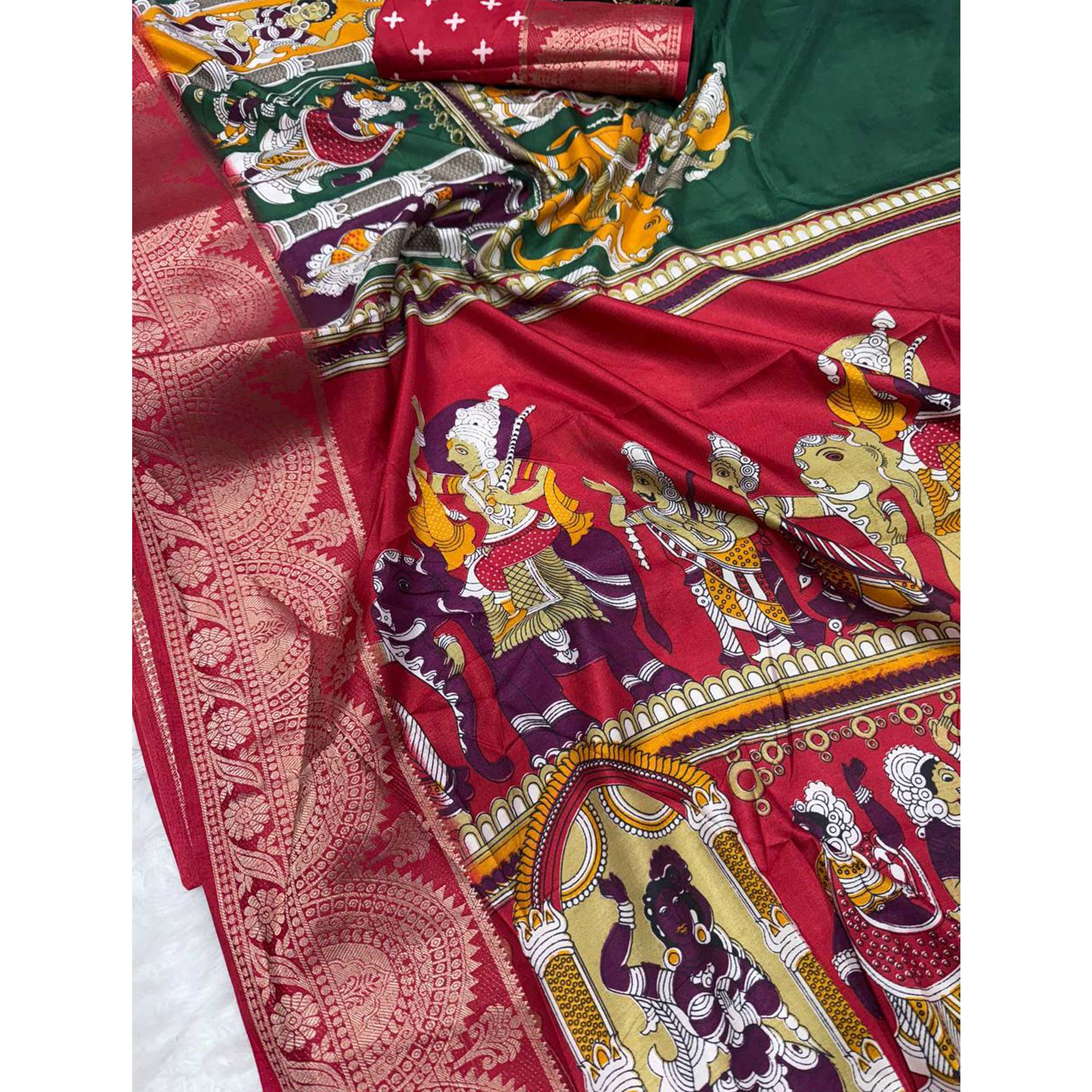 Green Mangalagiri Patterned Dola Silk Saree Accentuated with Gleaming Zari Borders